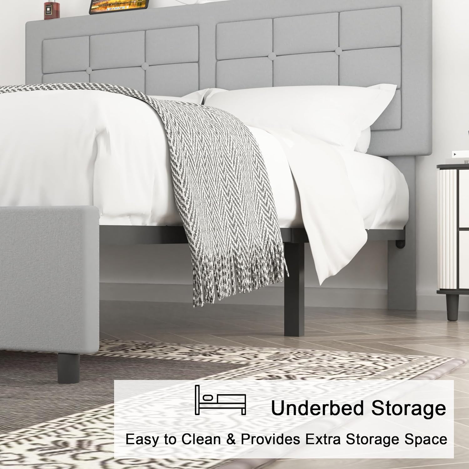 VECELO Bed Frame with 4 Drawers, Adjustable Tufted Button Headboard - VECELO
