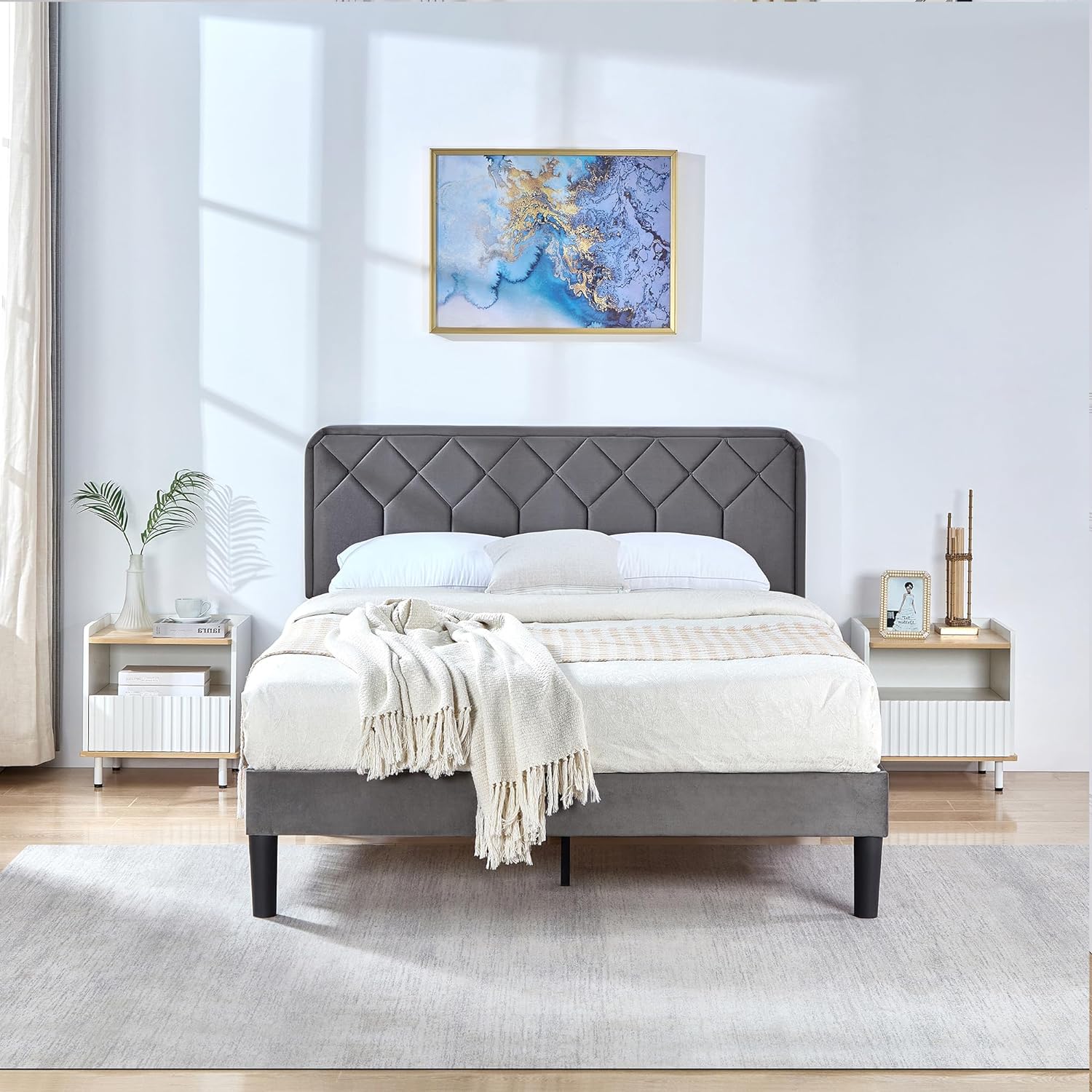 VECELO Premium Leather Upholstered Platform Bed Frame - VECELO