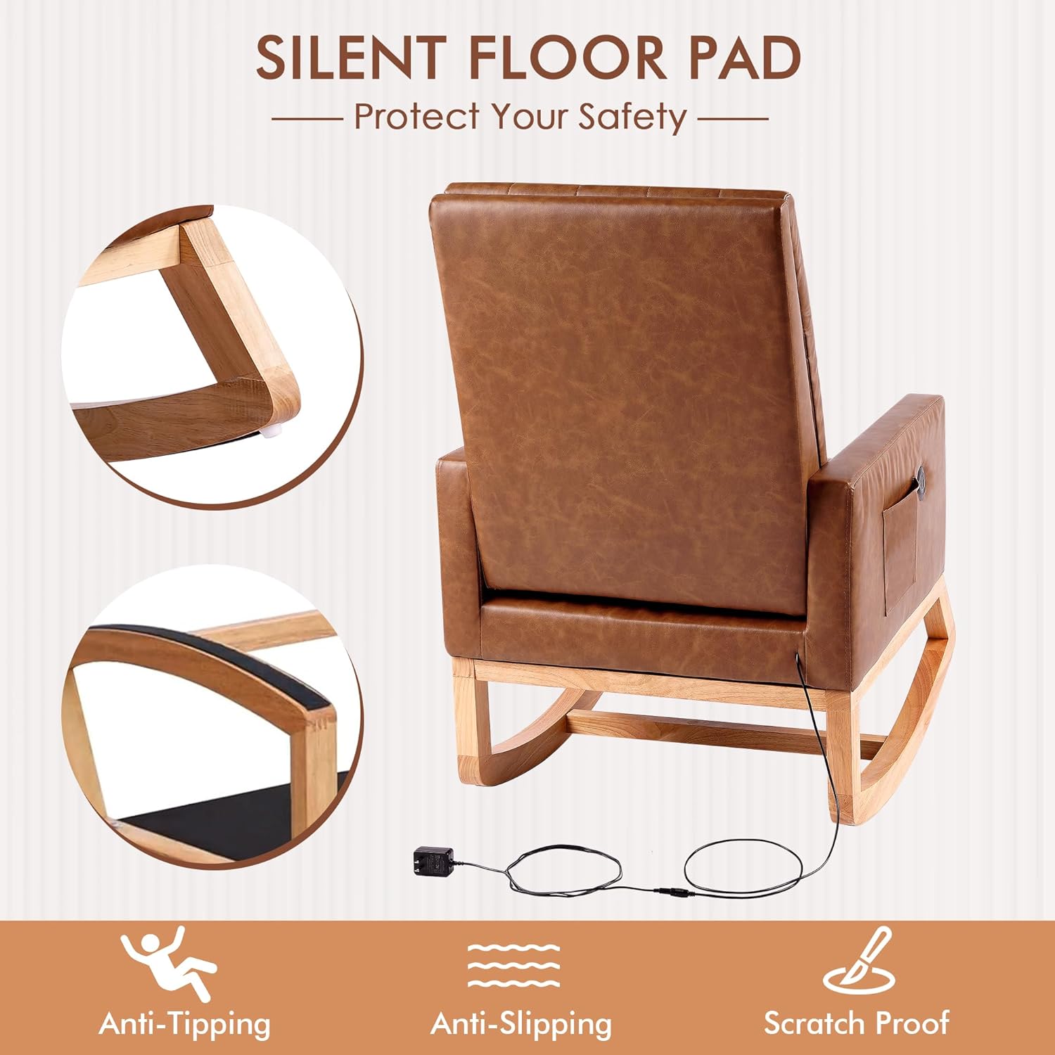 VECELO Rocking Chair Upholstered Nursery Glider Rocker High Backrest Comfy Armchair with Side Pocket and USB Port - VECELO
