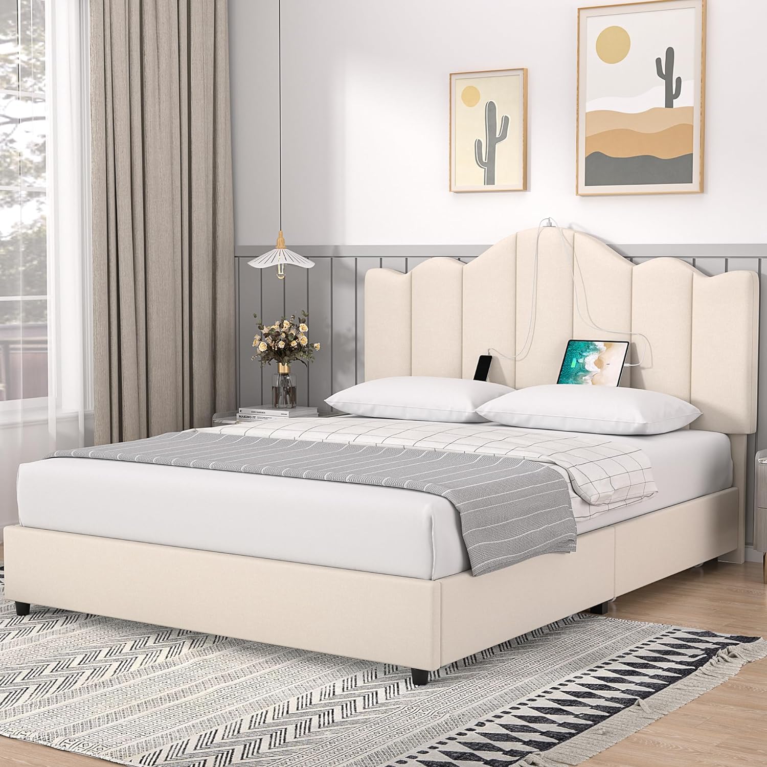 VECELO Upholstered Platform Bed Frame with Type-C & USB Charging Stations - VECELO