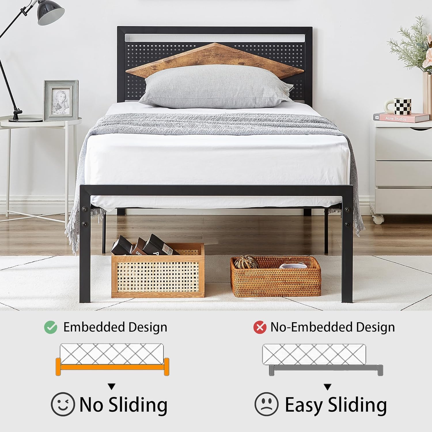 VECELO Metal Bed Frame Platform with Wood Grain Headboard&Footboard - VECELO