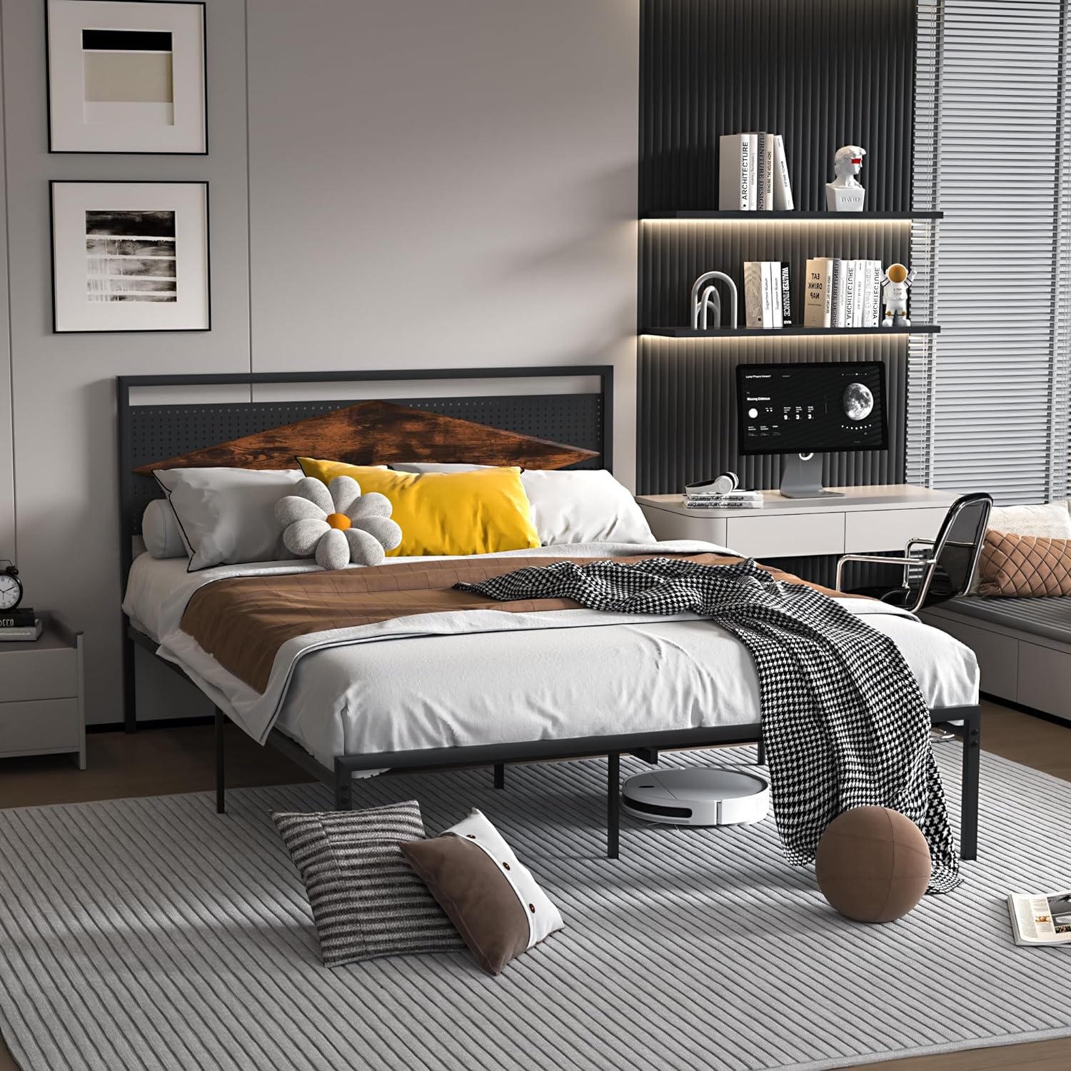 VECELO Metal Bed Frame Platform with Wood Grain Headboard&Footboard - VECELO