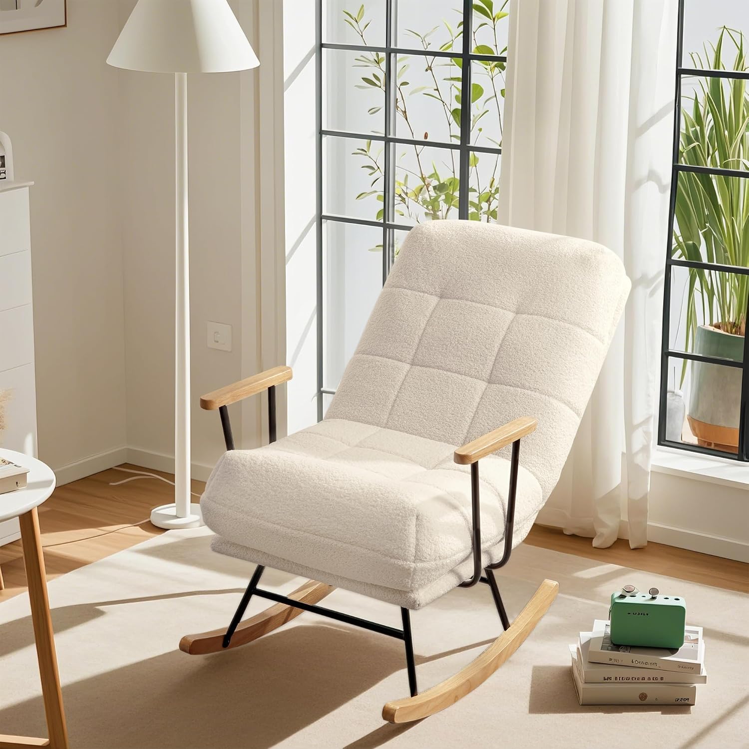 VECELO Rocking Chair Nursery Teddy Fabric Modern Upholstered Glider Rocker with High Backrest for Living Room - VECELO