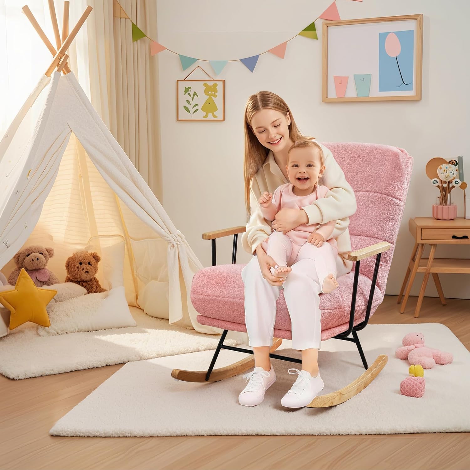 VECELO Rocking Chair Nursery Teddy Fabric Modern Upholstered Glider Rocker with High Backrest for Living Room - VECELO