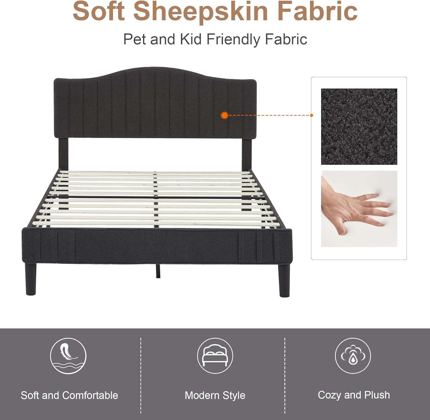 VECELO Upholstered Platform Bed Frame with Sheepskin Fabric Adjustable Headboard/Strong Wood Slats Supports - VECELO