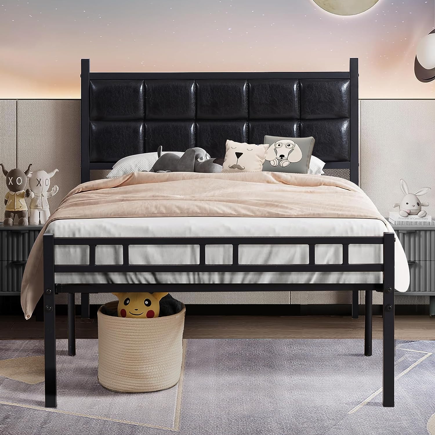 VECELO Bed Frame with PU Upholstered Headboard Metal Slats Support, No Box Spring Needed - VECELO