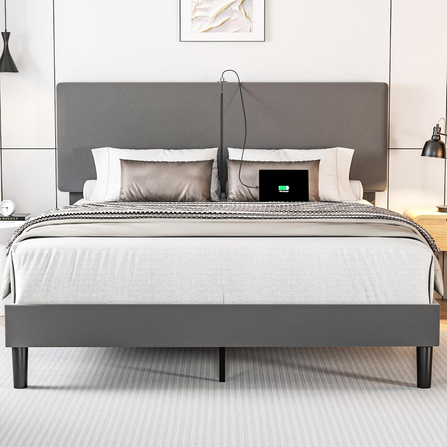 VECELO Twin/Full/Queen Bed Frame Upholstered Platform with Type-C & USB Ports Height-Adjustable Cotton and Linen Headboard - VECELO