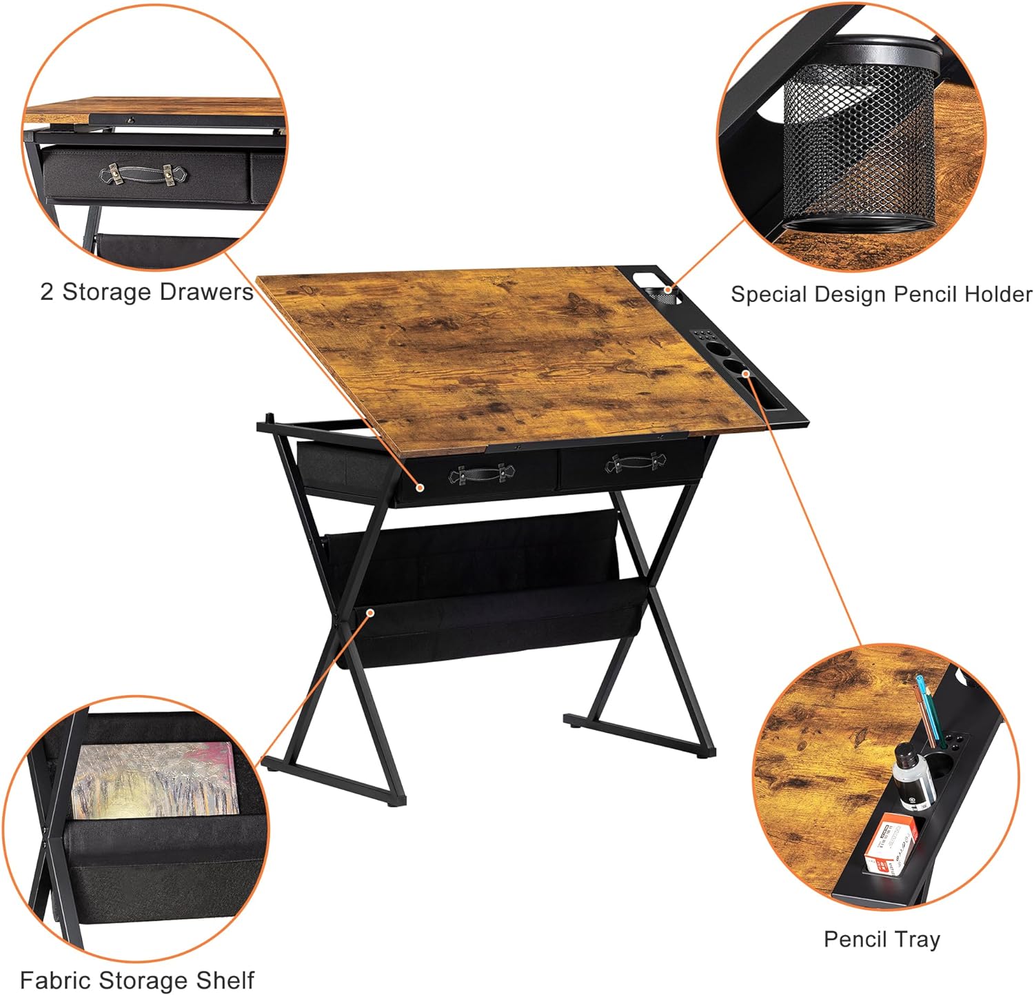 VECELO Drafting Table Adjustable Desk Tilted Tabletop with 2 Storage Drawers and Stool - VECELO
