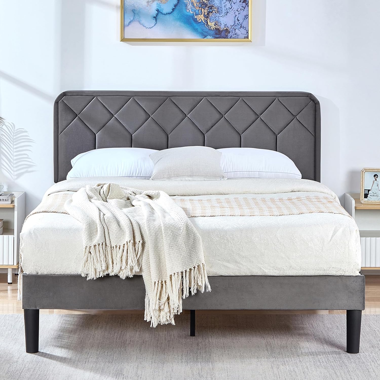 VECELO Premium Leather Upholstered Platform Bed Frame - VECELO