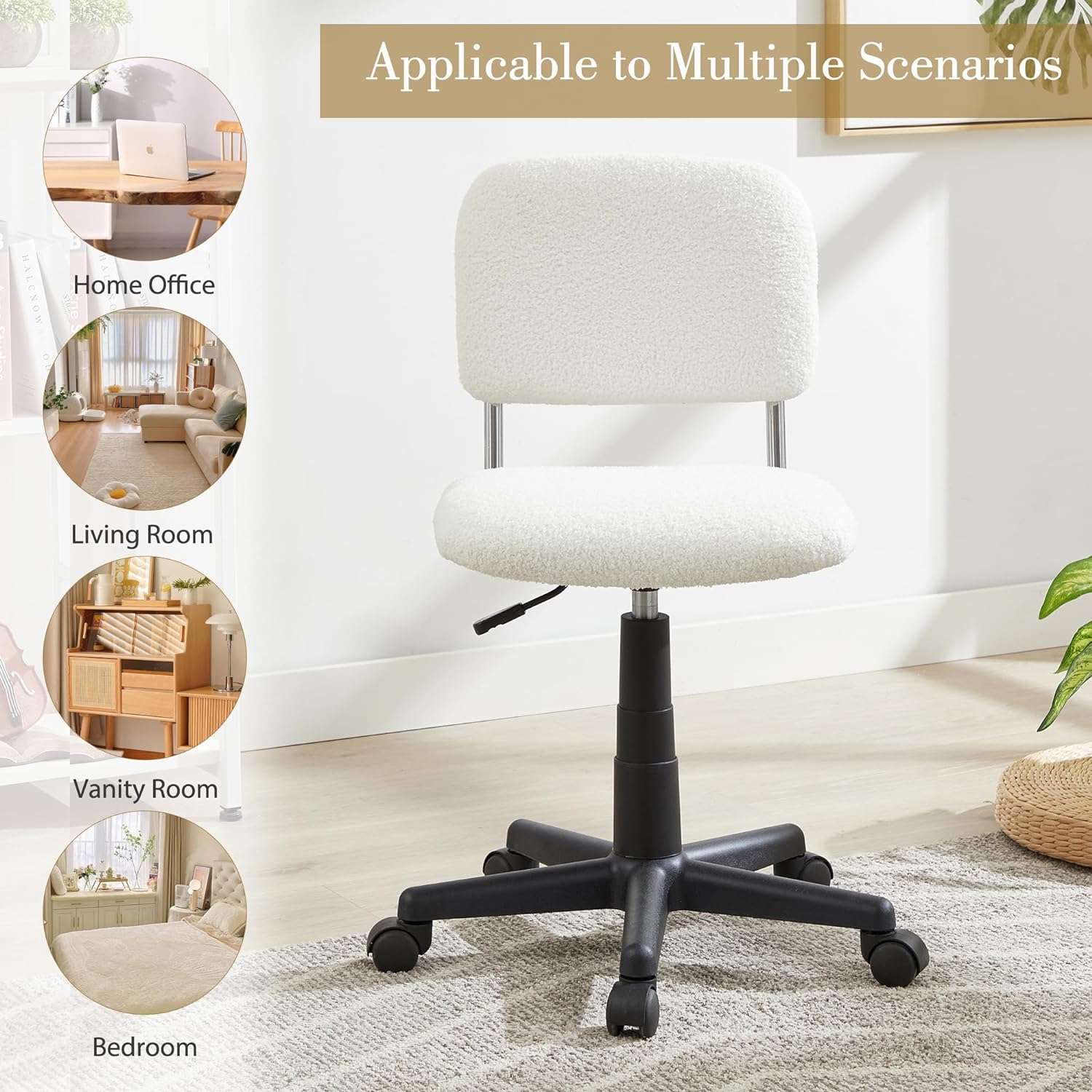 VECELO Faux Fur Comfy Height Adjustable Swivel Armless Home Office Sherpa Chair - VECELO