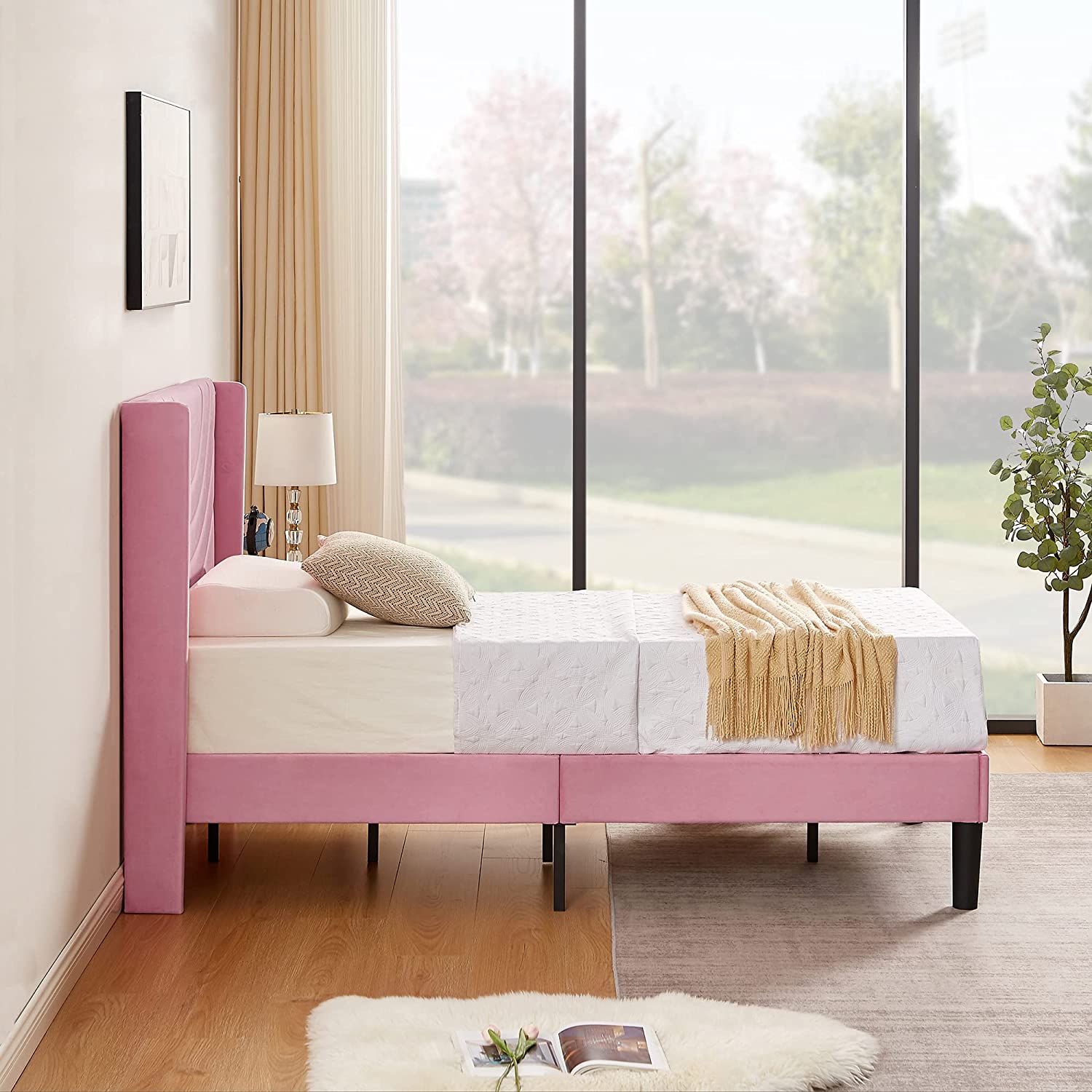 VECELO Upholstered Platform Bed Frame with Adjustable Fabric Headboard - VECELO