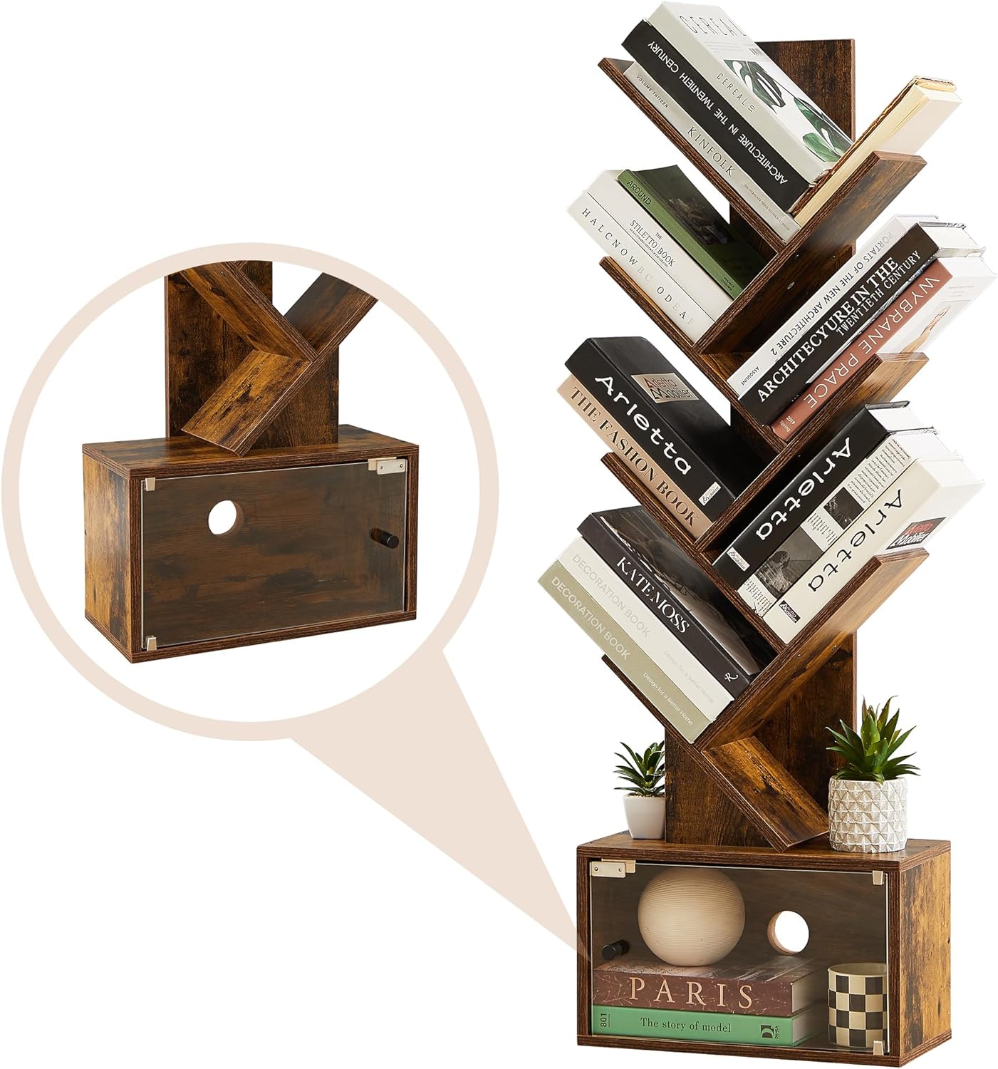 VECELO Tree Bookshelf, 7-Tier Tree Bookcase Wood Shelves Display with Storage Cabinet - VECELO