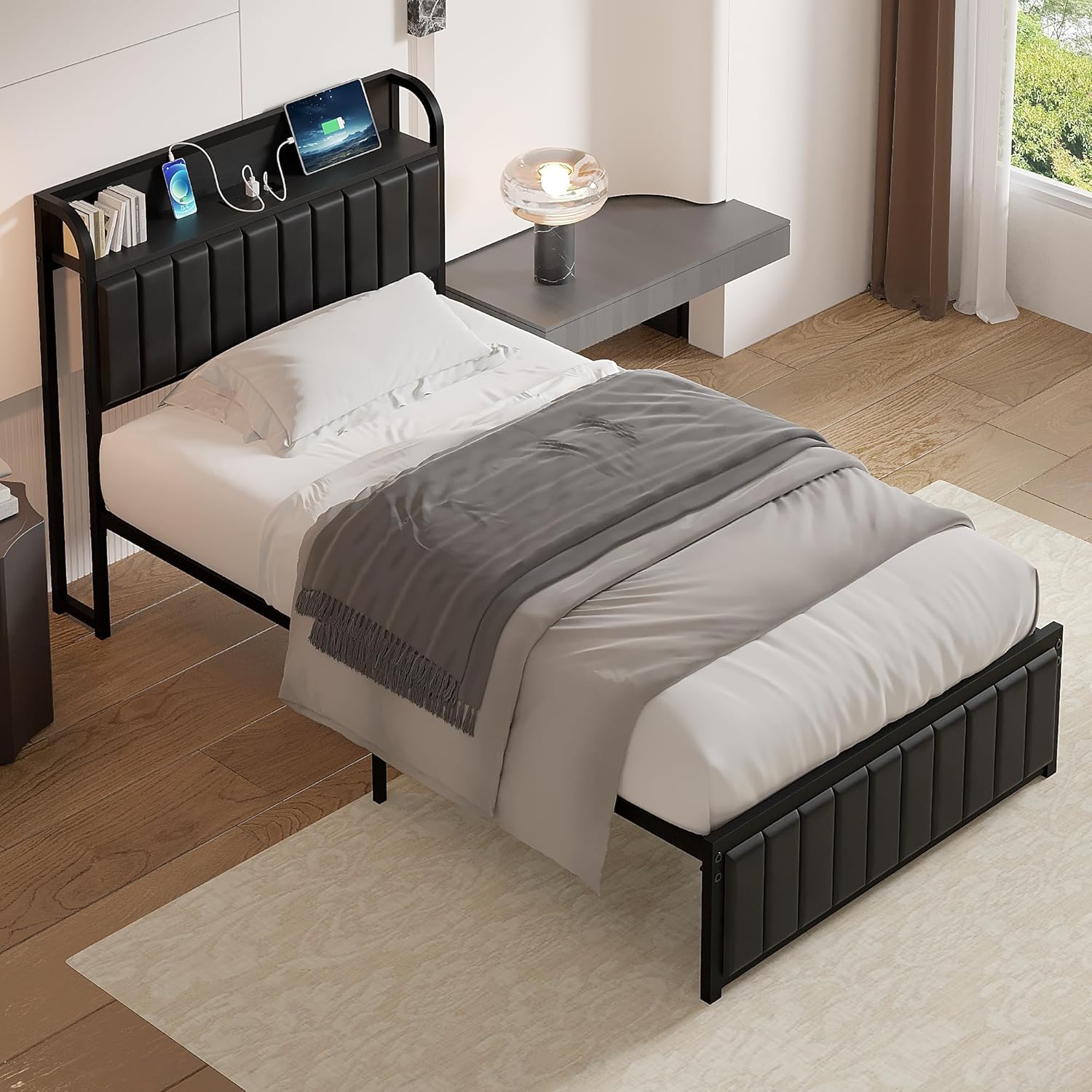 VECELO Twin Bed Frame, Storage Upholstered Headboard with Charging Station - VECELO
