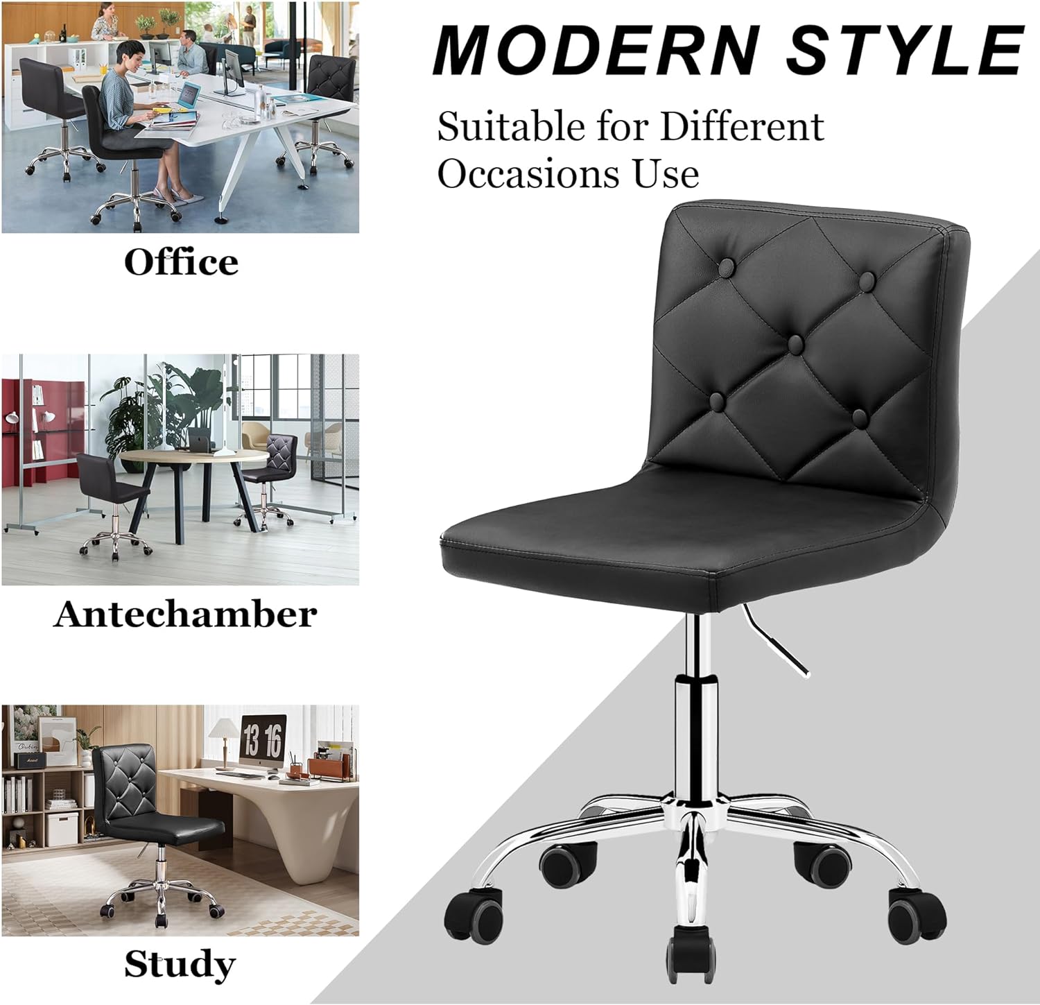 VECELO PU Leather Mid-Back Armless Desk Chair Adjustable Height 360° Rolling Swivel - VECELO