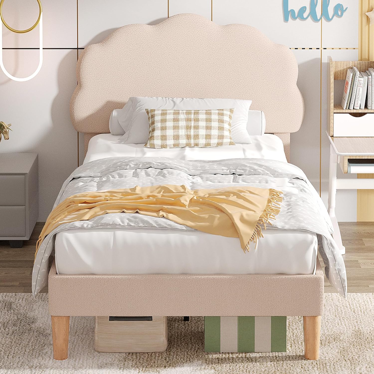 VECELO Twin Size Bed Frame, Upholstered Platform Bedframe with Height Adjustable Plush Fabric Headboard - VECELO