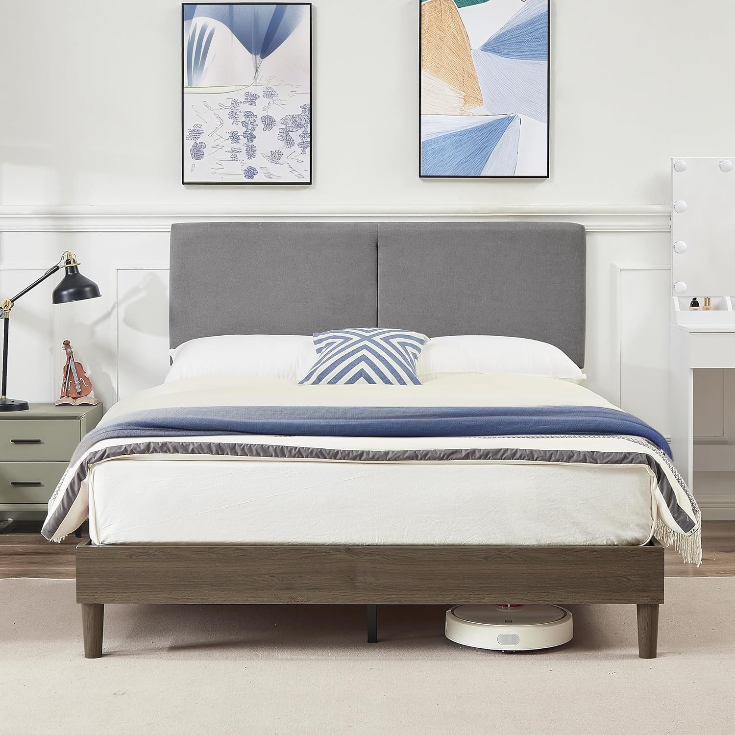 VECELO Upholstered Platform Bed Frame with Height-Adjustable Cotton and Linen Headboard - VECELO