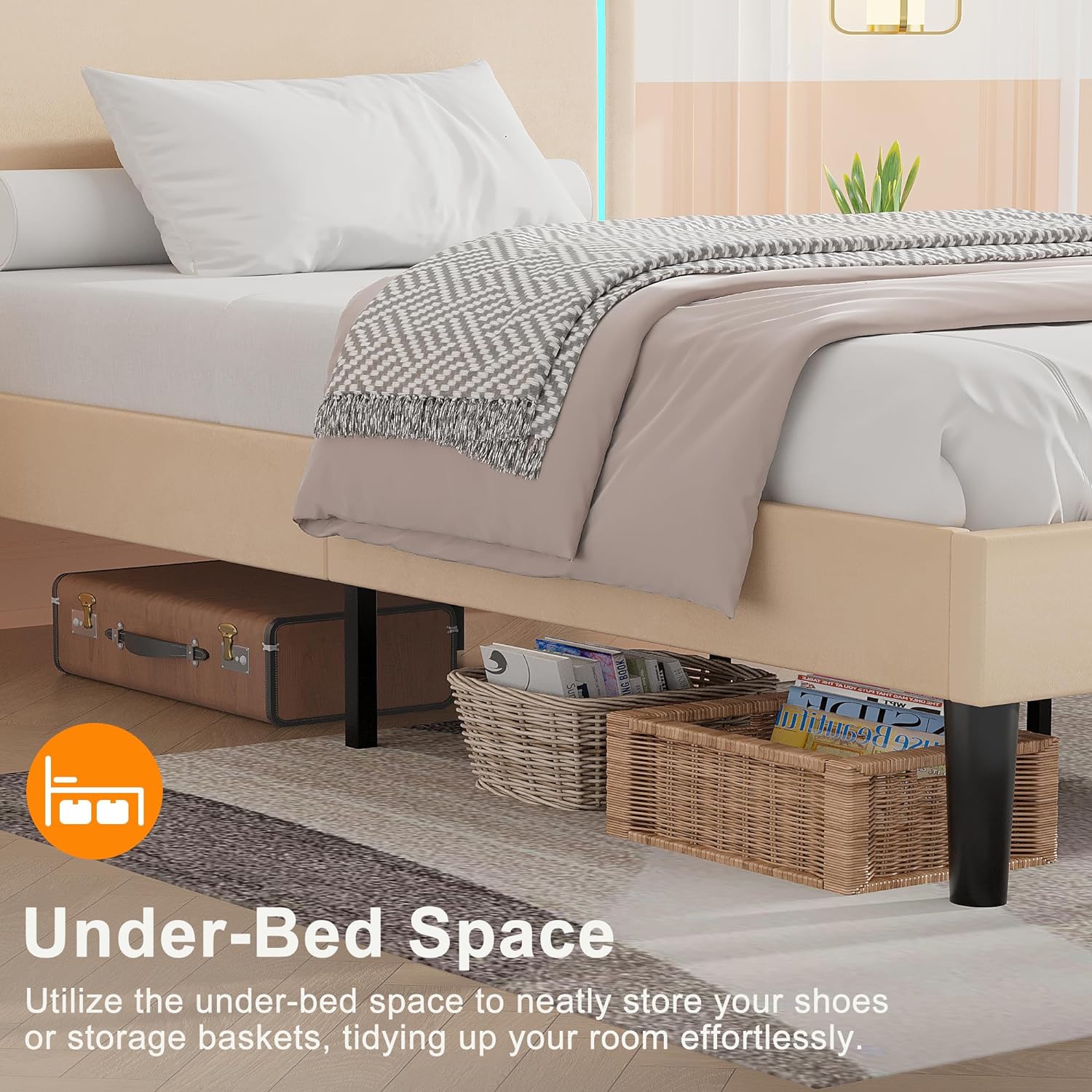 VECELO Upholstered Velvet Platform Bed Frame with Headboard Adjustable, LED Lights, USB-A & Type-C - VECELO