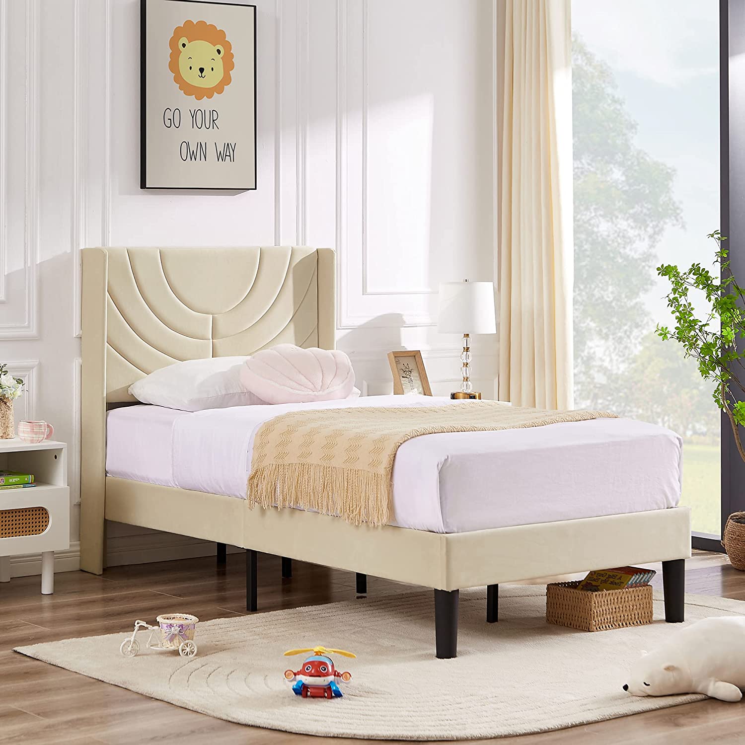 VECELO Upholstered Platform Bed Frame with Adjustable Fabric Headboard - VECELO