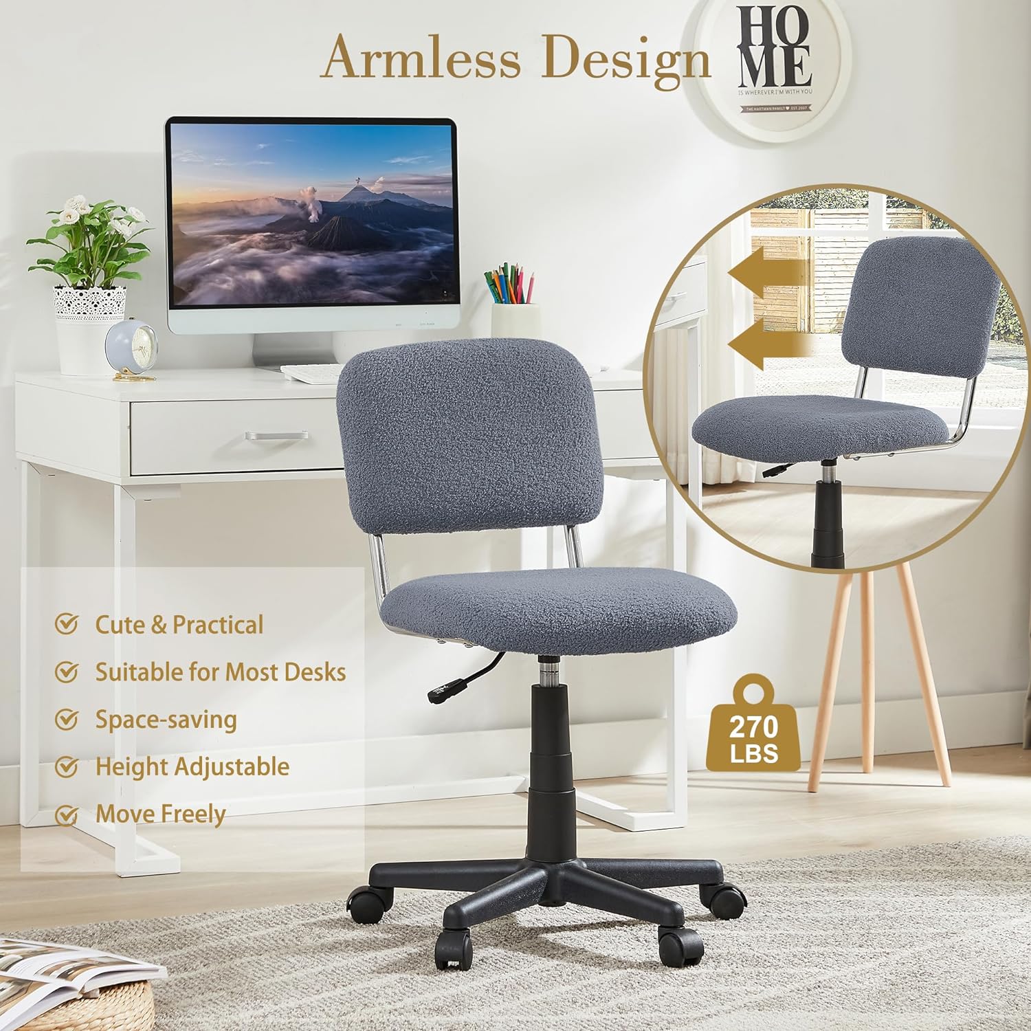 VECELO Faux Fur Comfy Height Adjustable Swivel Armless Home Office Sherpa Chair - VECELO