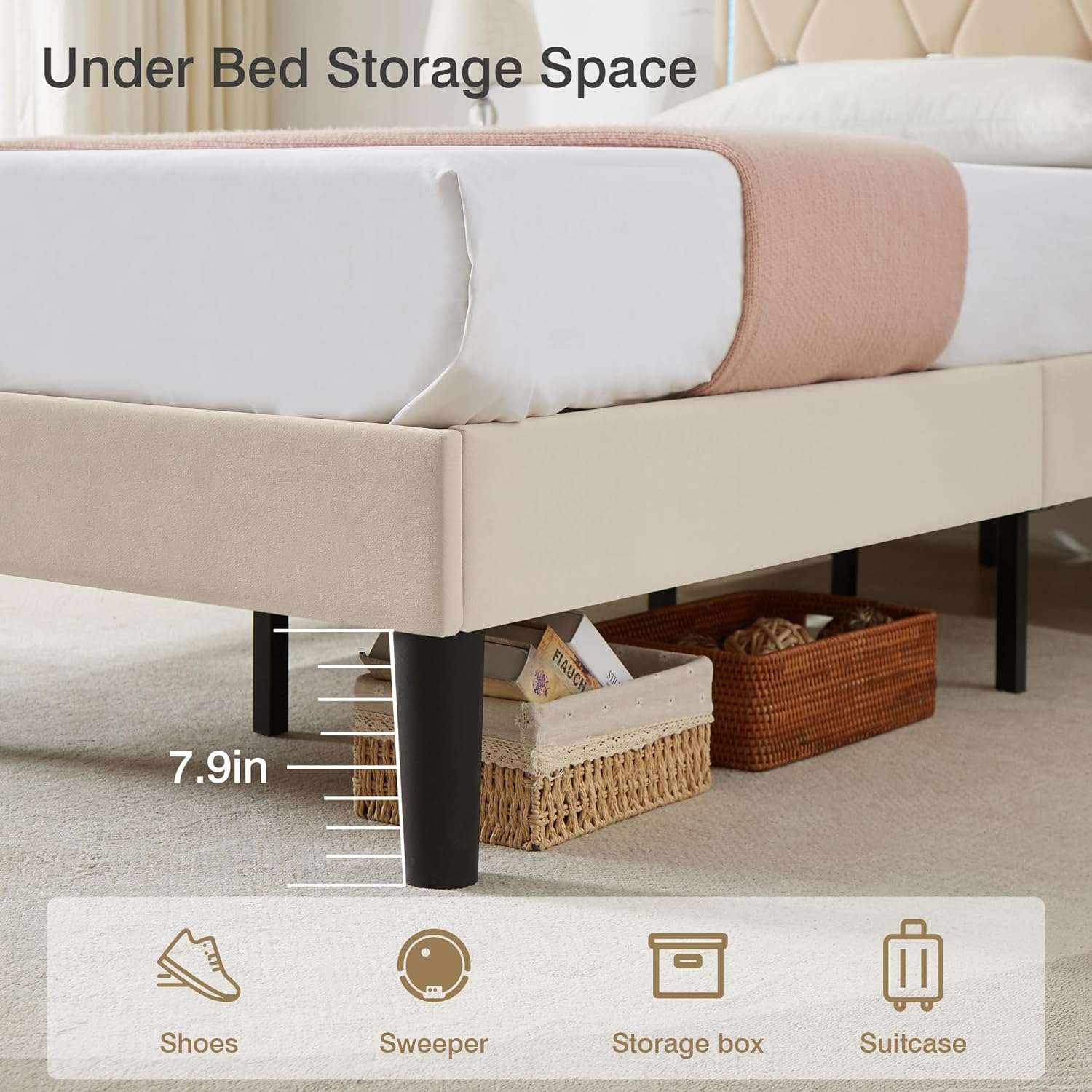 VECELO Upholstered Bed Frame with LED Lights, Charging Station, Velvet Platform Bed - VECELO