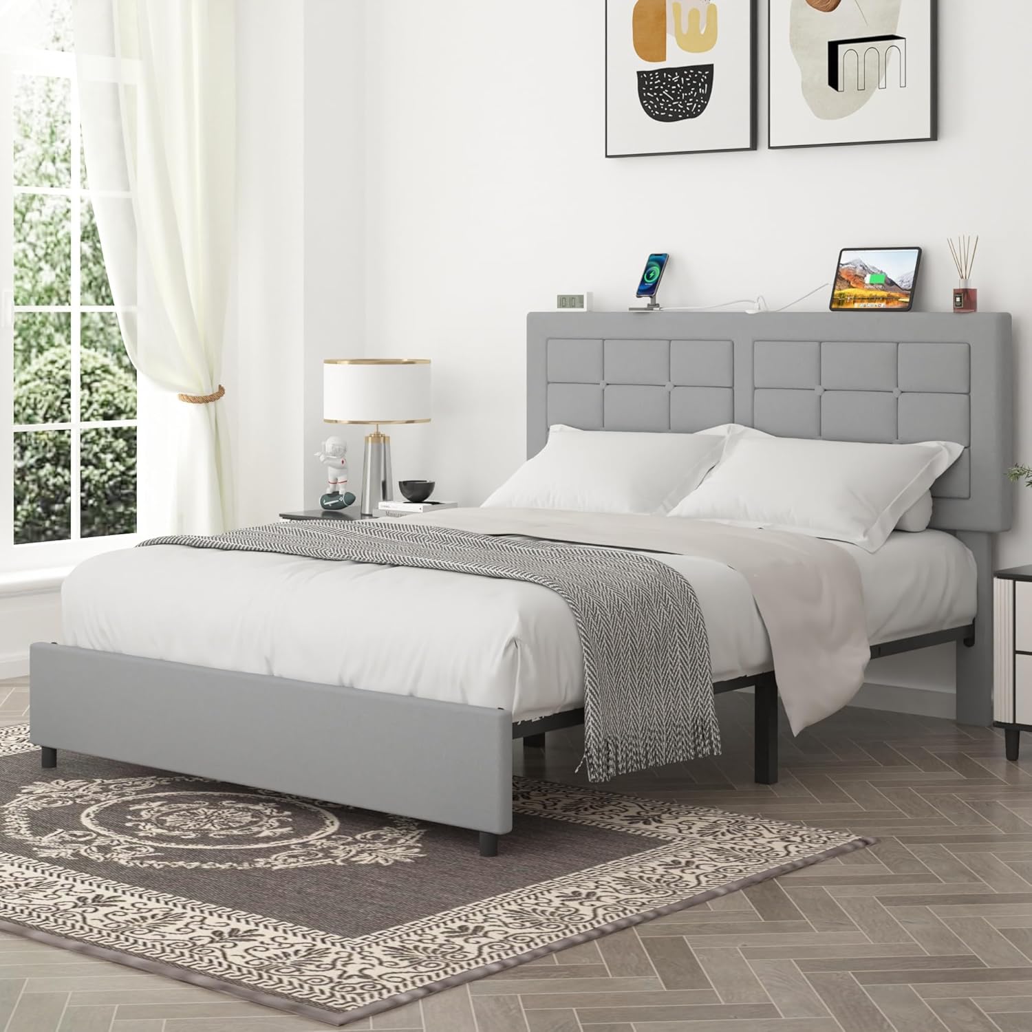 VECELO Bed Frame with 4 Drawers, Adjustable Tufted Button Headboard - VECELO
