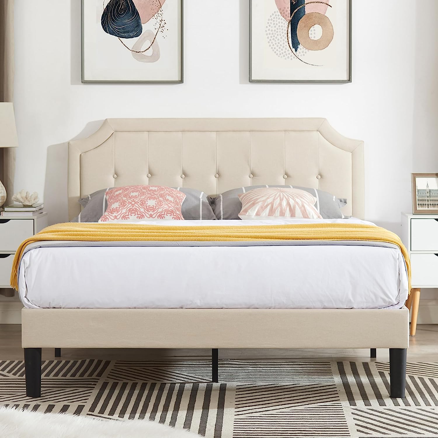 VECELO Premium Upholstered Platform Bed Diamond Stitched Panel Headboard - VECELO