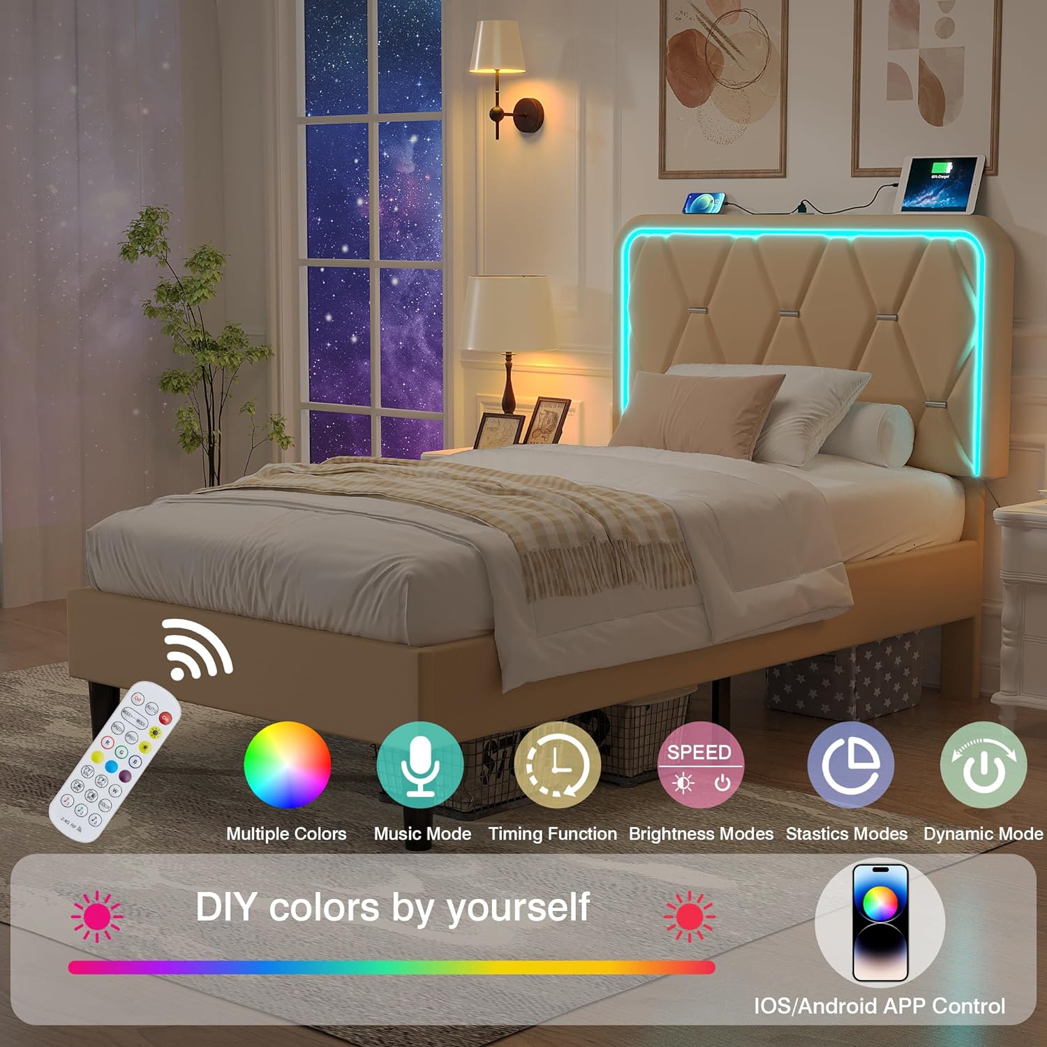 VECELO Upholstered Bed Frame with LED Lights, Charging Station, Velvet Platform Bed - VECELO
