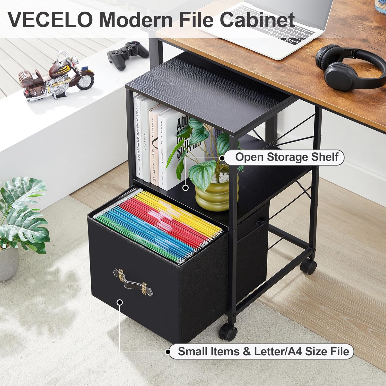 VECELO File Cabinet with Open Storage Shelf, Rolling Printer Stand with Large Fabric Drawer - VECELO