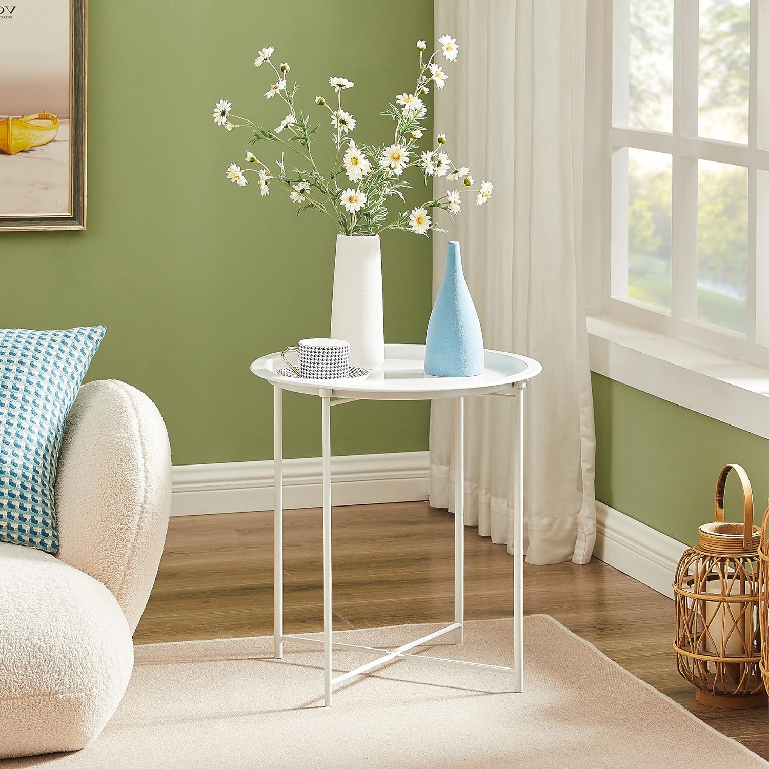 VECELO Metal Round End/Side Table with Removable Tray Small Folding Anti-Rust Nightstand - VECELO