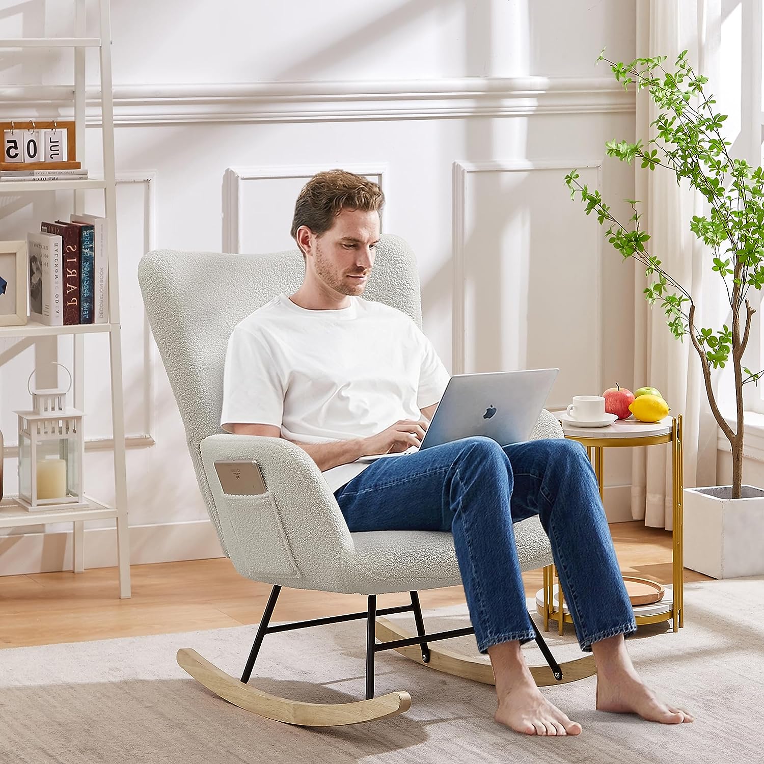 VECELO Rocking Chair, Modern Upholstered Teddy Fabric Nursery Glider - VECELO