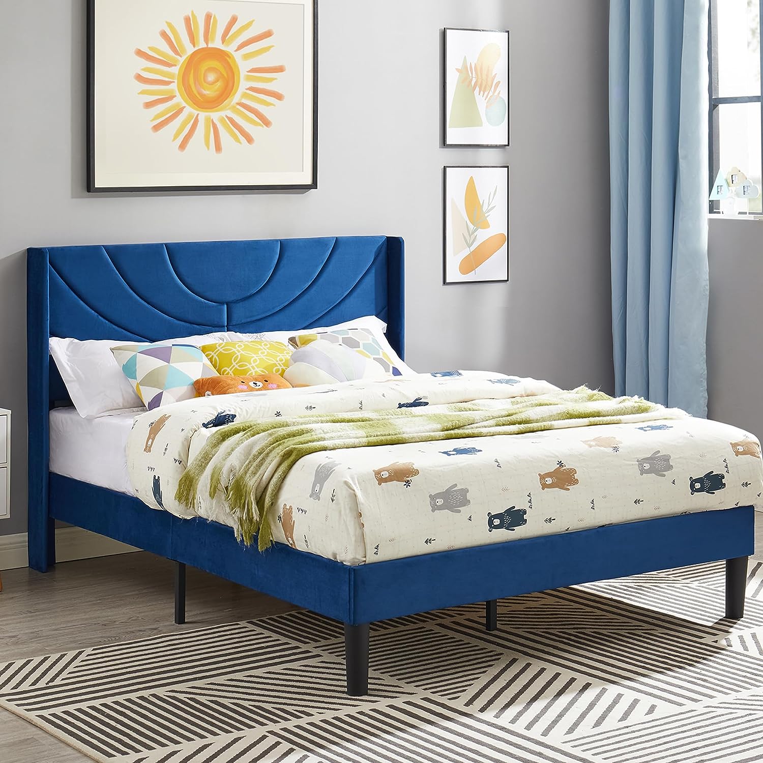 VECELO Upholstered Platform Bed Frame with Adjustable Fabric Headboard - VECELO