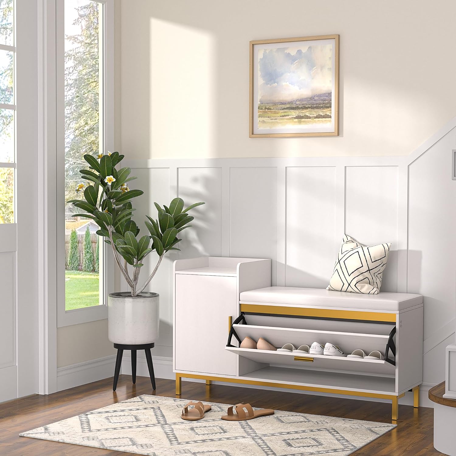 VECELO Shoe Storage Bench with Flip Drawers Entryway Cabinet with Removable Seat Cushion - VECELO