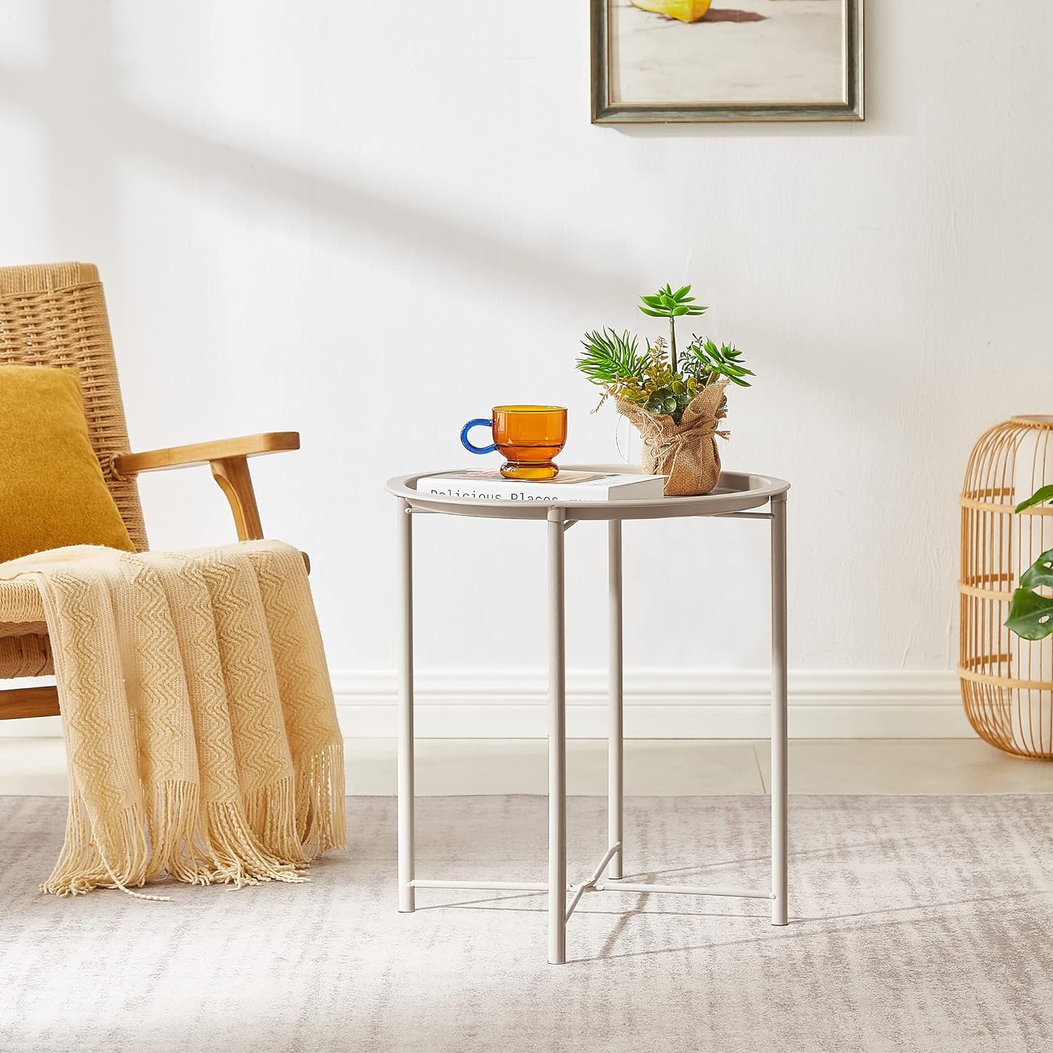 VECELO Metal Round End/Side Table with Removable Tray Small Folding Anti-Rust Nightstand - VECELO