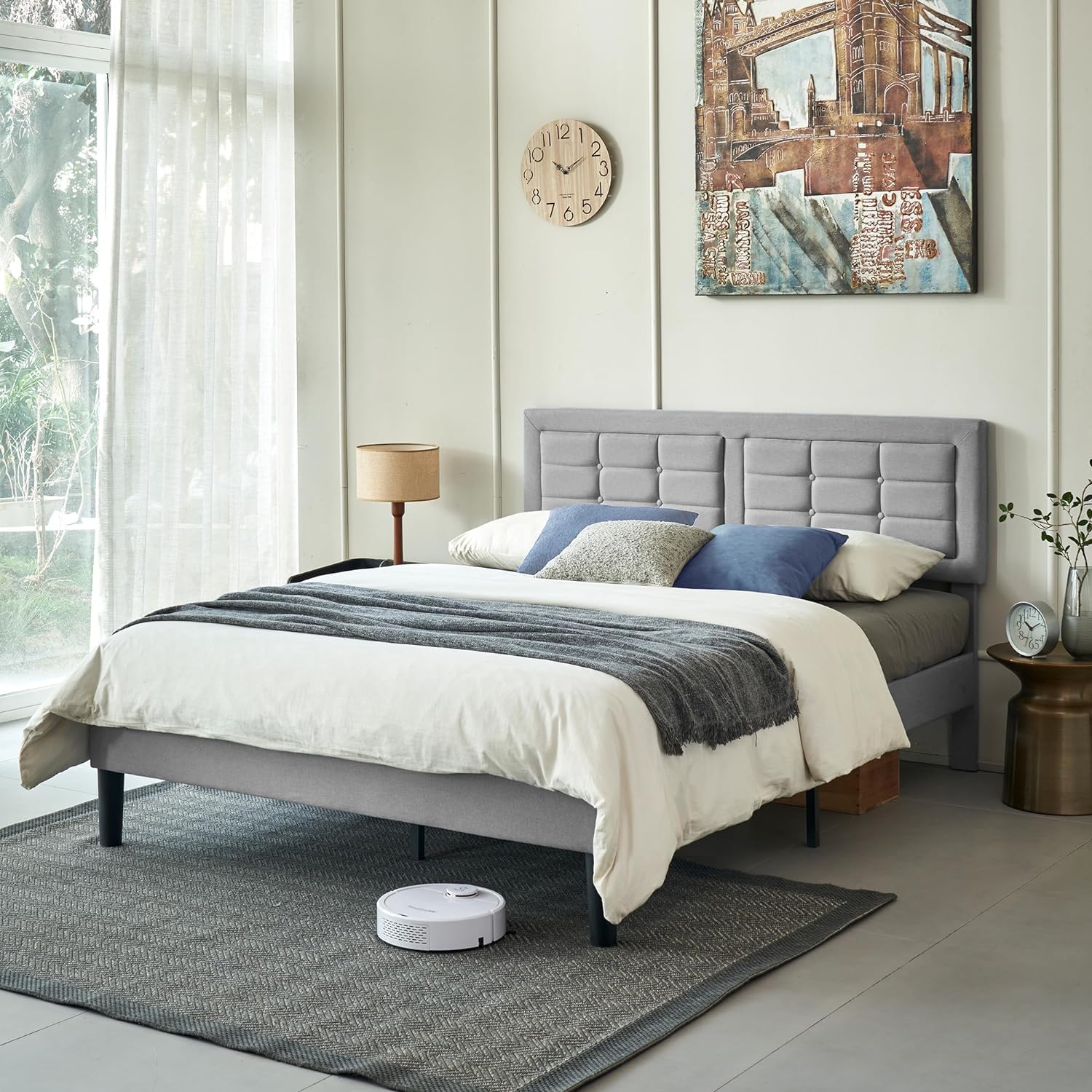 VECELO Upholstered Platform Bed Frame with Height Adjustable Headboard - VECELO