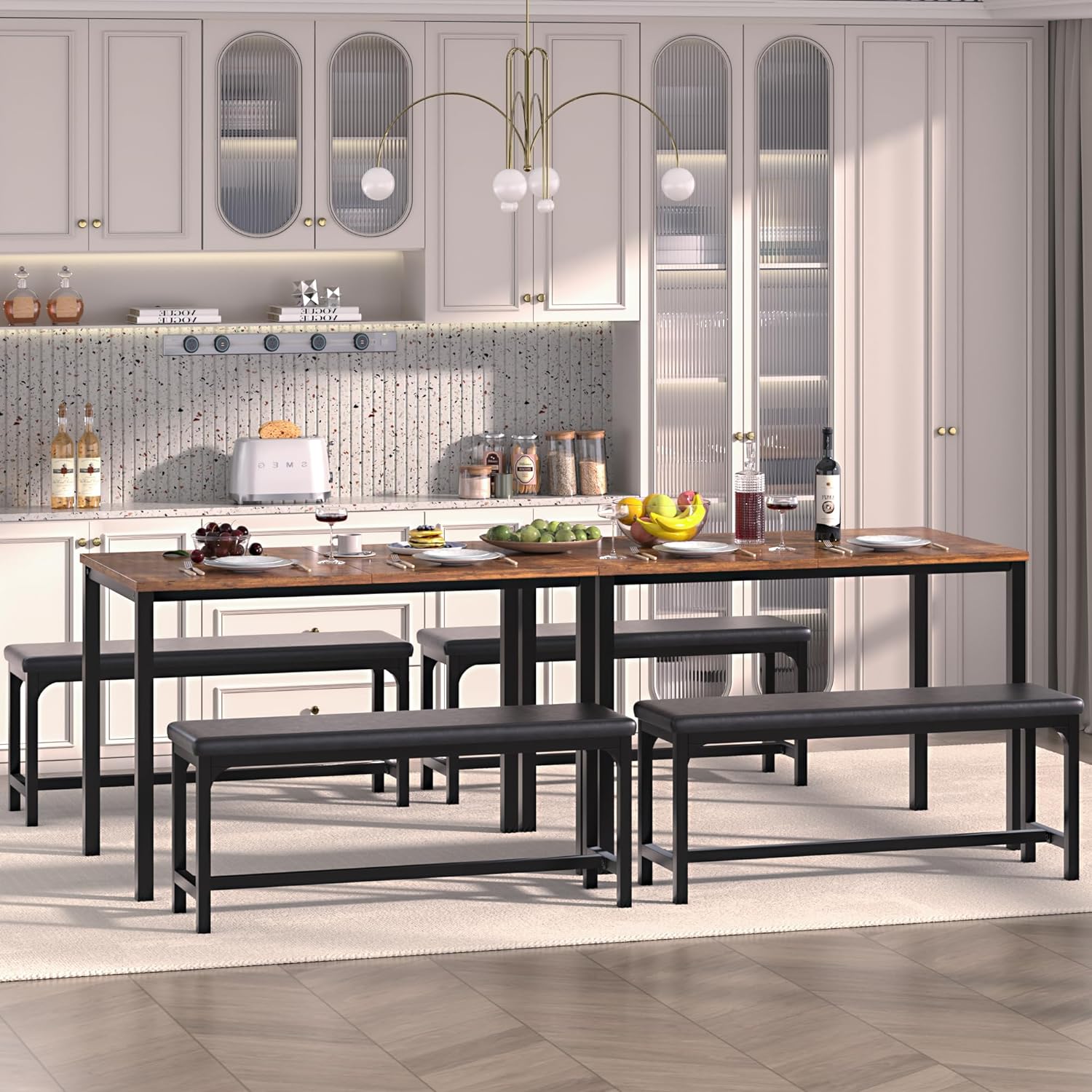 VECELO 3-Piece 63" Extendable Kitchen Table with Benches - VECELO