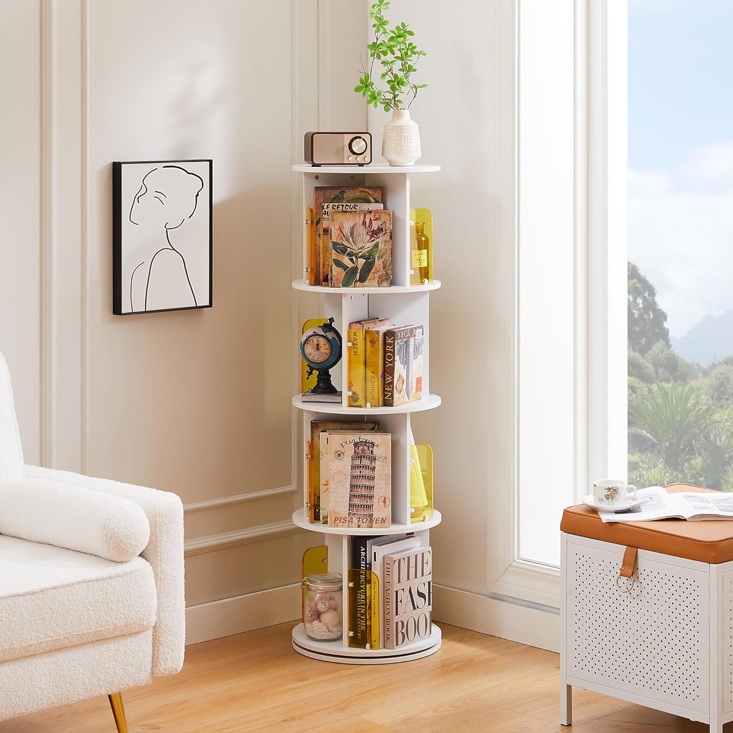 VECELO Rotating Bookshelf with Acrylic Display Window Partition - VECELO