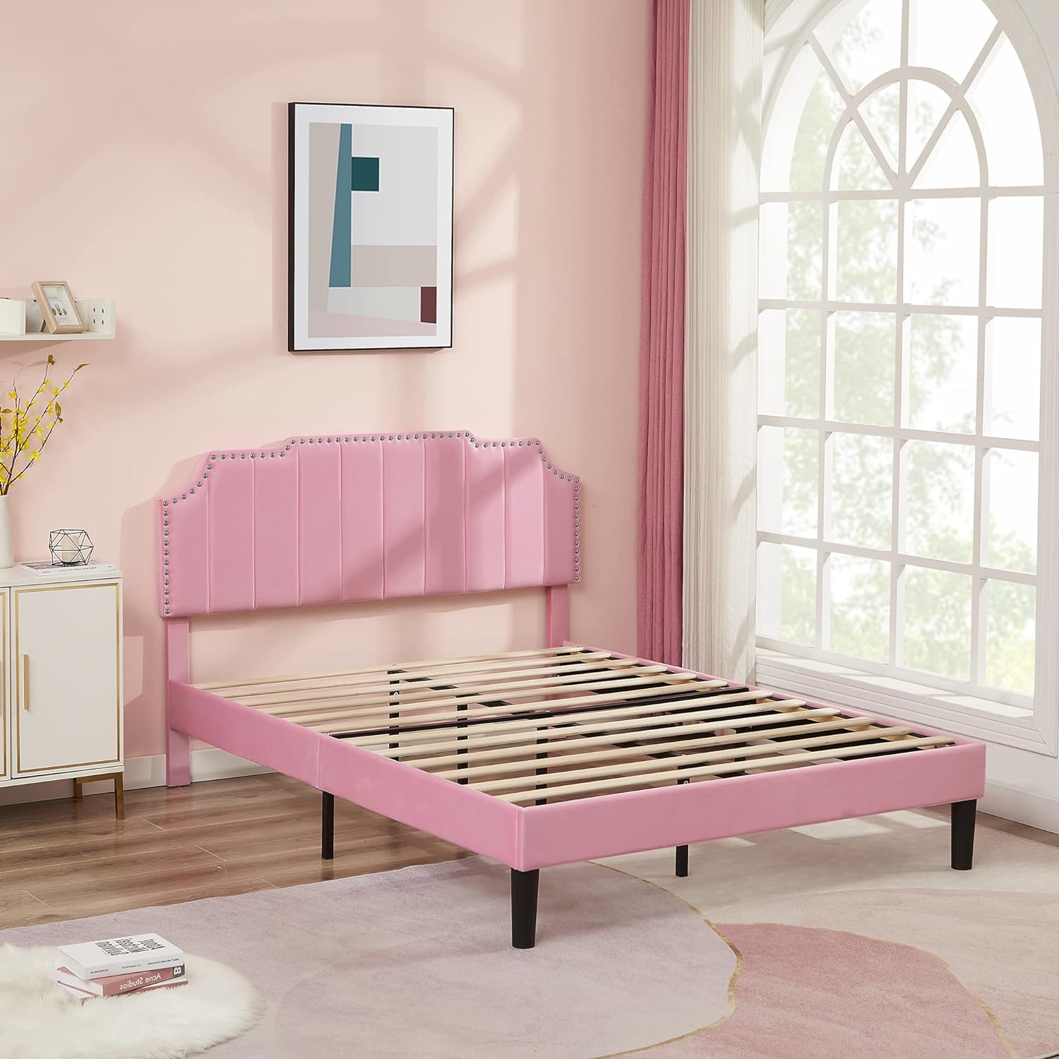 VECELO Upholstered Platform Bed Frame with Tufted Adjustable Headboard & Wood Slat Support - VECELO