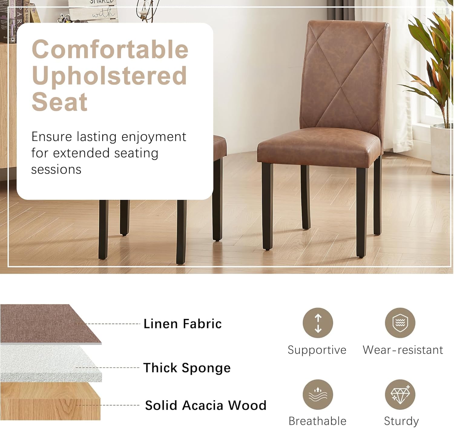 VECELO Upholstered Dining Chairs Set of 2 Modern Fabric and High Back & Solid Wood Legs for Kitchen - VECELO