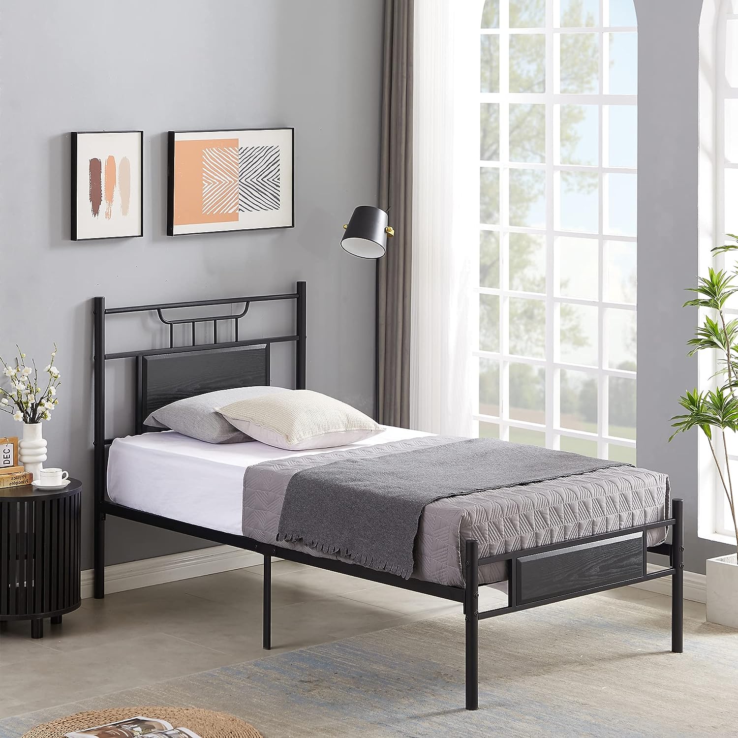 VECELO Platform Bed Frame with Wood Headboard No Box Spring Needed Heavy Duty Steel Slat - VECELO
