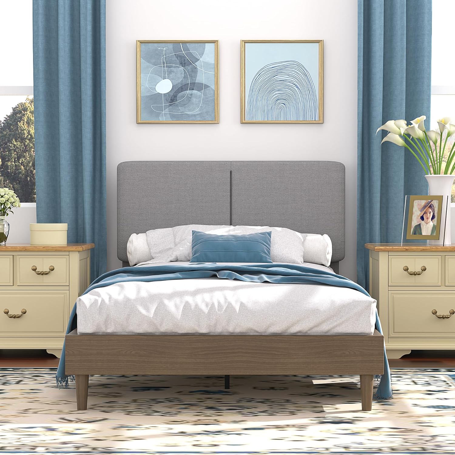 VECELO Upholstered Platform Bed Frame with Height-Adjustable Cotton and Linen Headboard - VECELO