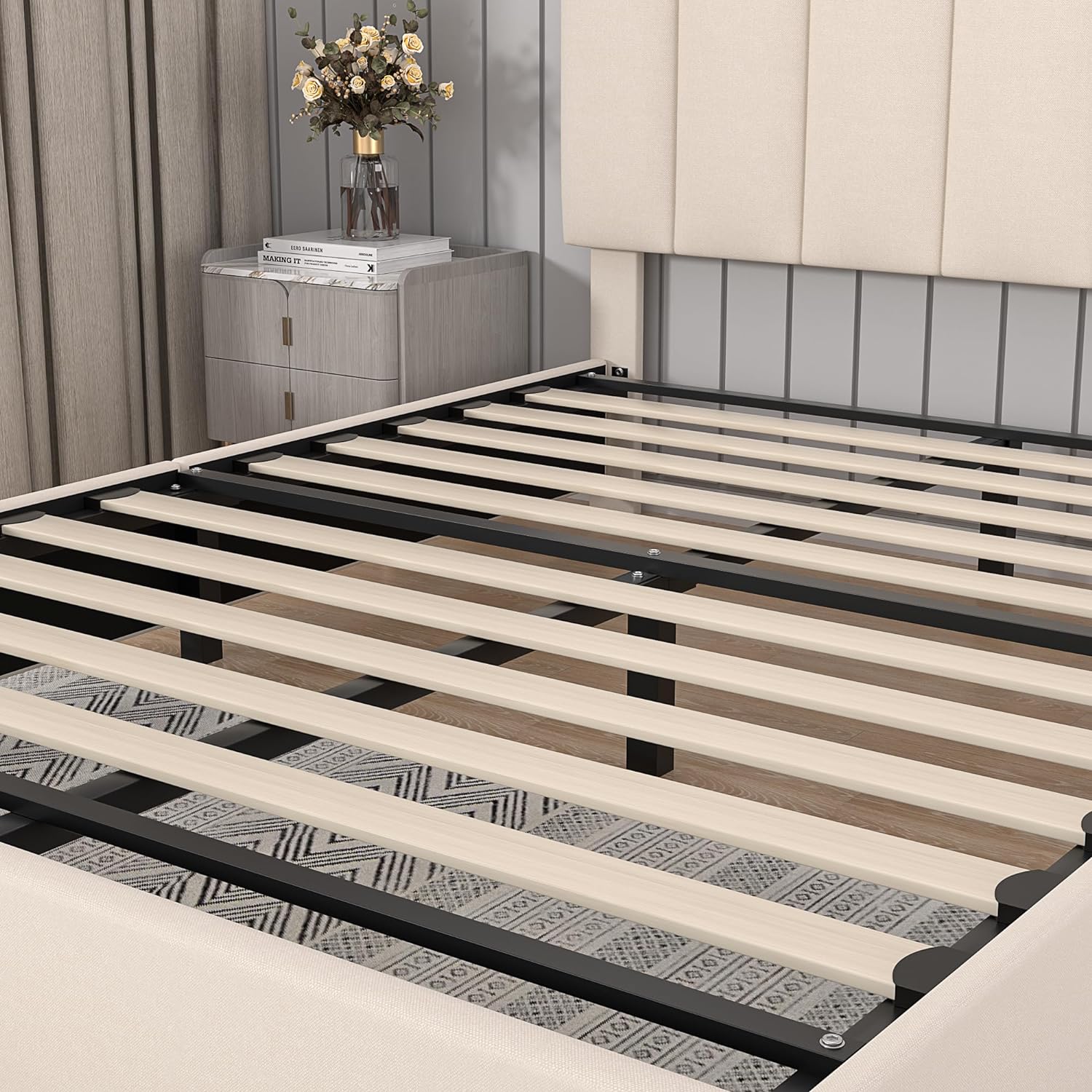 VECELO Upholstered Platform Bed Frame with Type-C & USB Charging Stations - VECELO