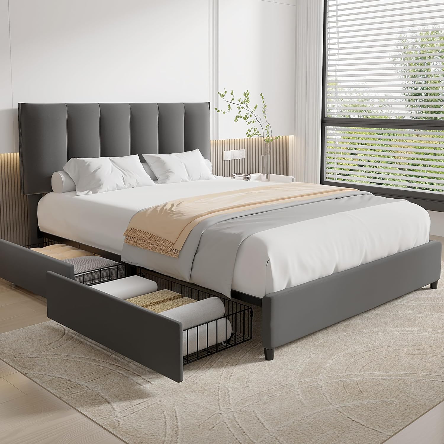 VECELO Upholstered Bed Frame with 4 Storage Drawers and Adjustable Velvet Headboard - VECELO