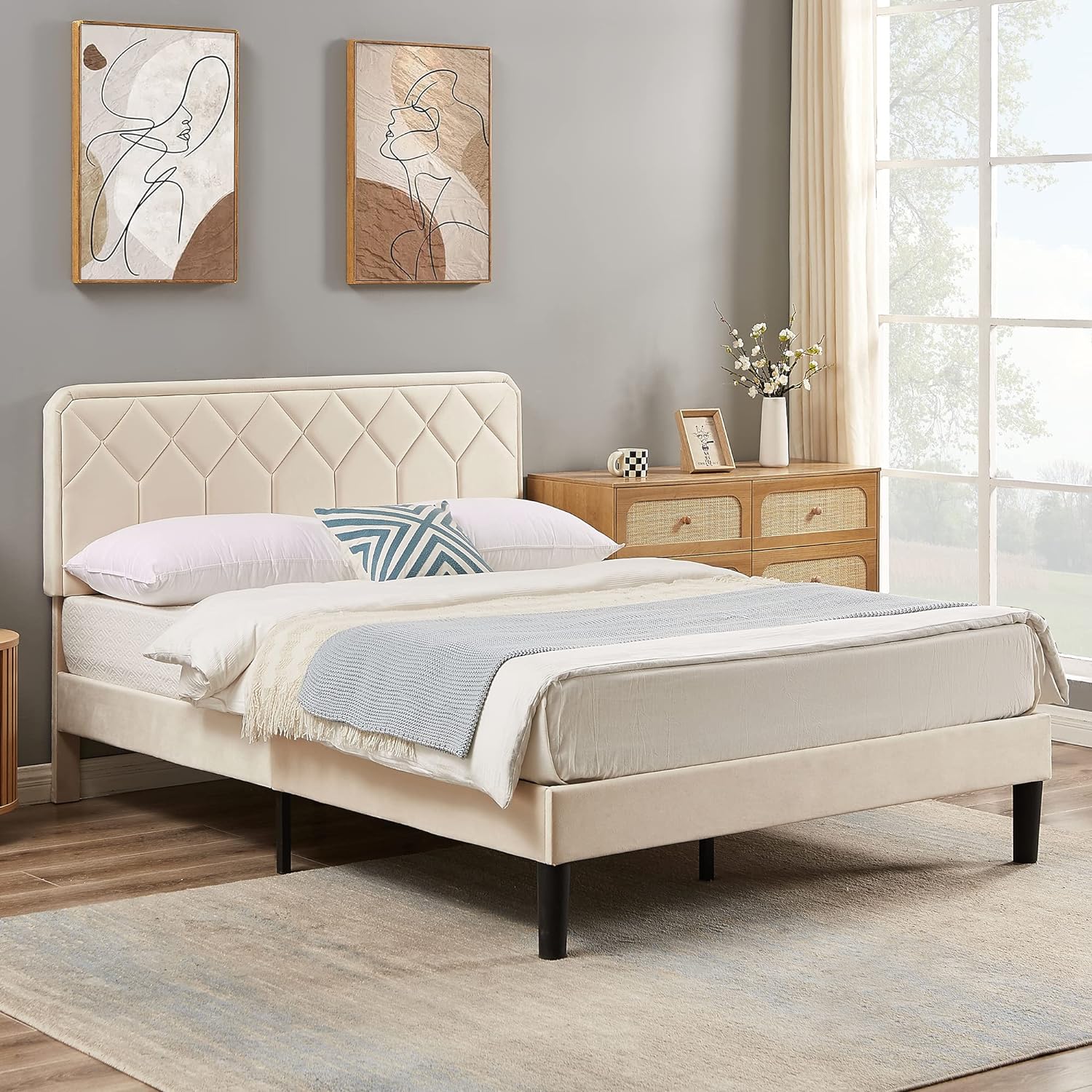 VECELO Premium Leather Upholstered Platform Bed Frame - VECELO