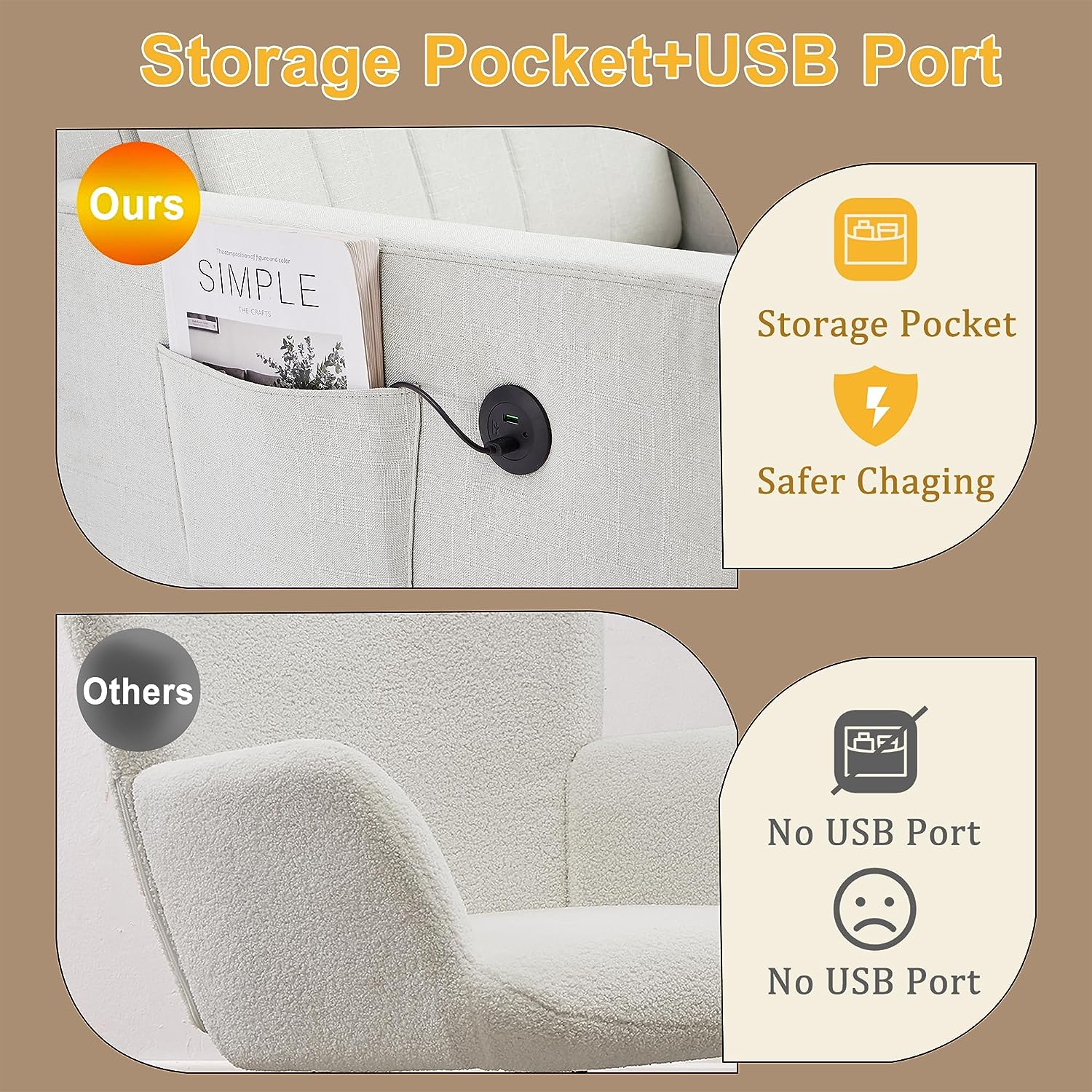 VECELO Rocking Chair Upholstered Nursery Glider Rocker High Backrest Comfy Armchair with Side Pocket and USB Port - VECELO
