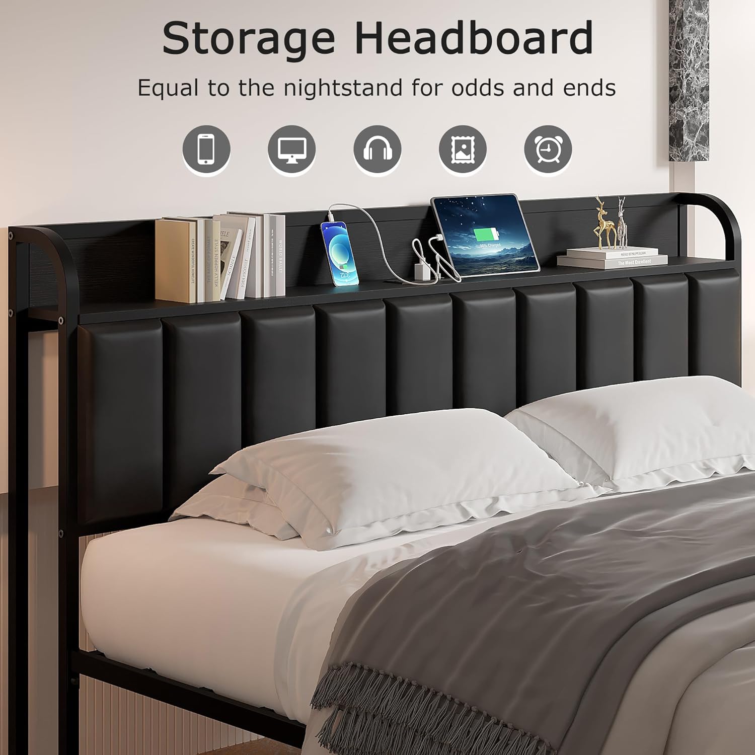 VECELO Twin Bed Frame, Storage Upholstered Headboard with Charging Station - VECELO