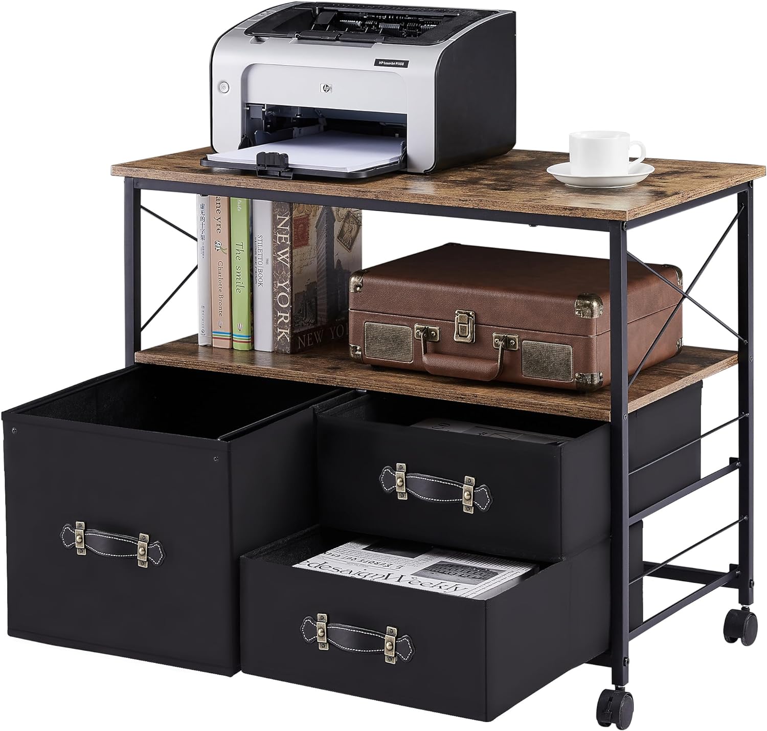 VECELO 3 Drawer Lateral File Cabinet, Rolling Printer Stand with Open Storage Shelf - VECELO