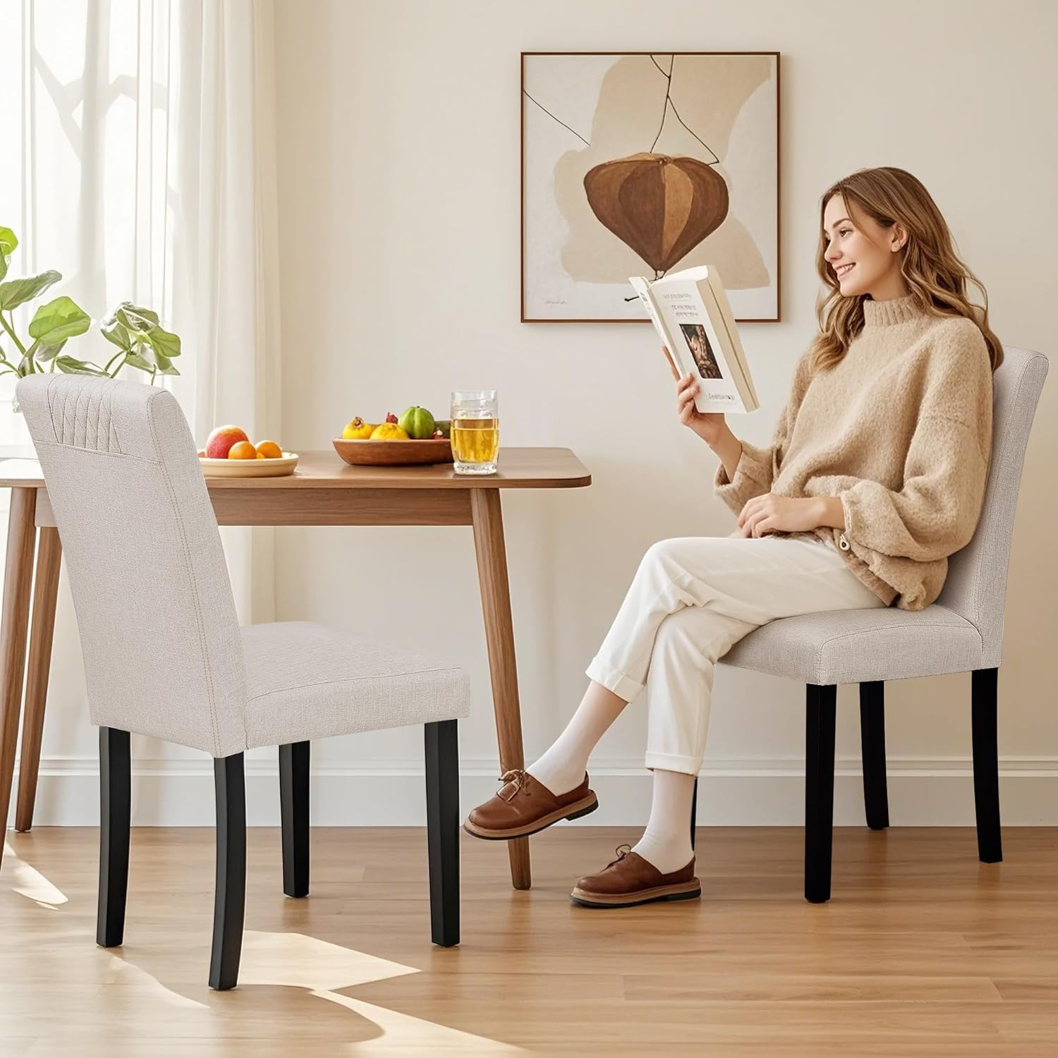 VECELO Dining Chairs Set of 2, Upholstered Fabric Wood Legs High Back for Kitchen Living Room - VECELO