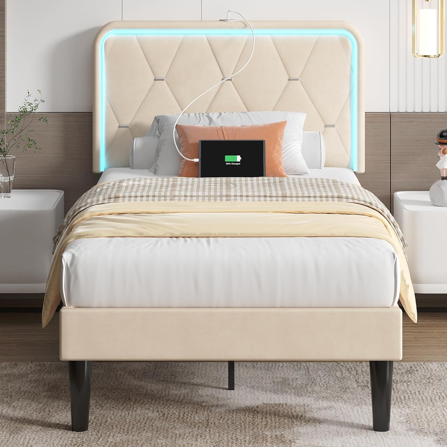 VECELO Upholstered Bed Frame with LED Lights, Charging Station, Velvet Platform Bed - VECELO