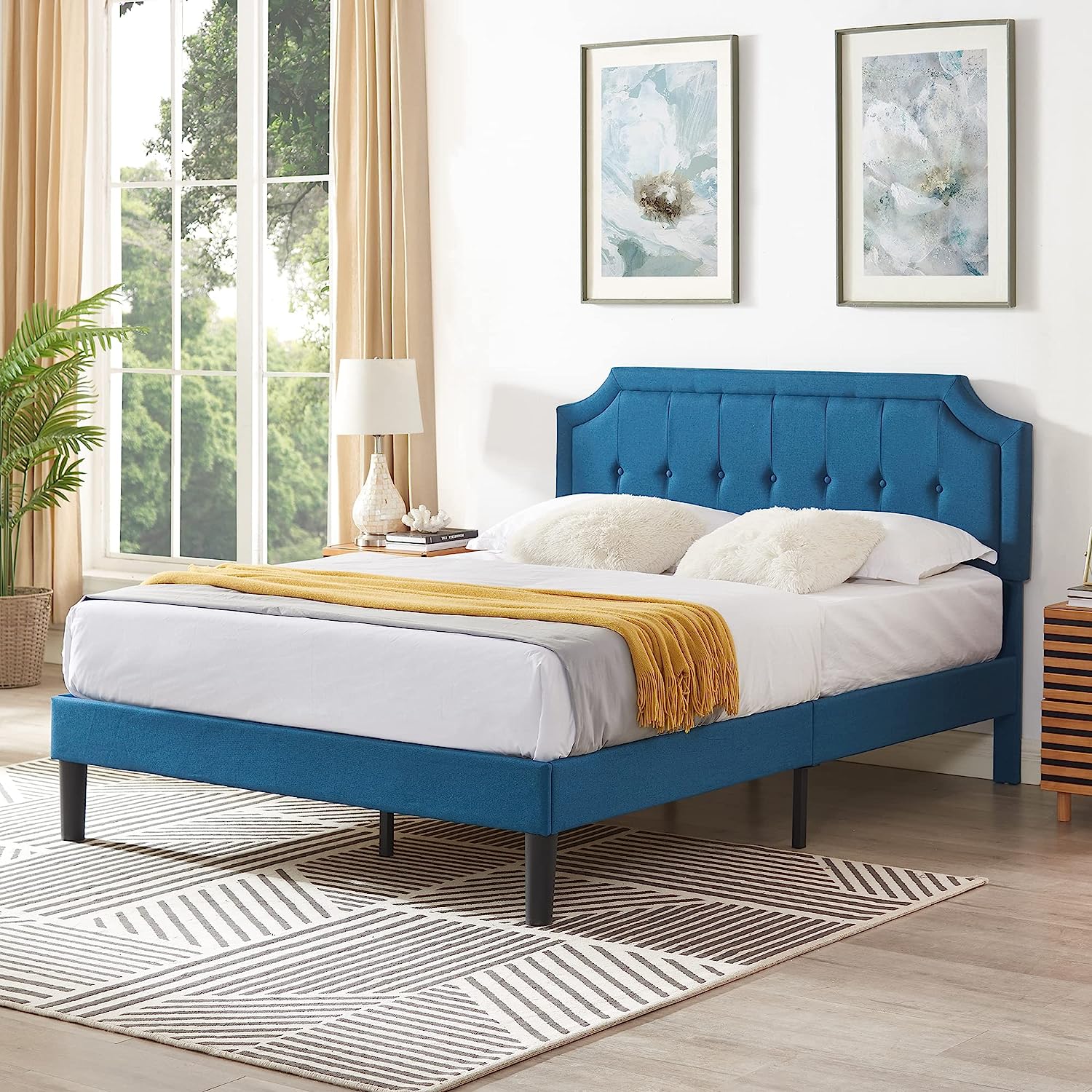 VECELO Premium Upholstered Platform Bed Diamond Stitched Panel Headboard - VECELO