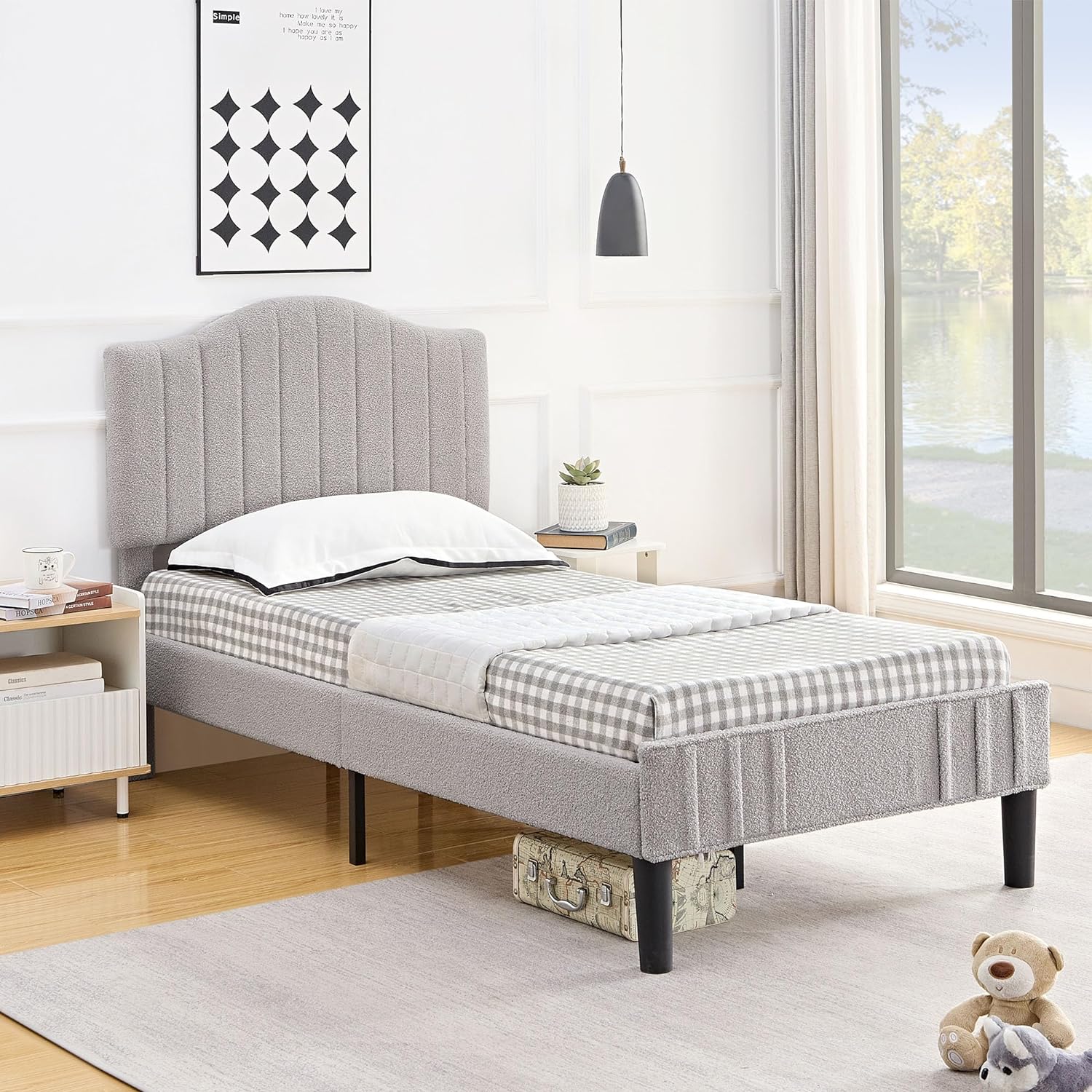 VECELO Upholstered Platform Bed Frame with Sheepskin Fabric Adjustable Headboard/Strong Wood Slats Supports - VECELO